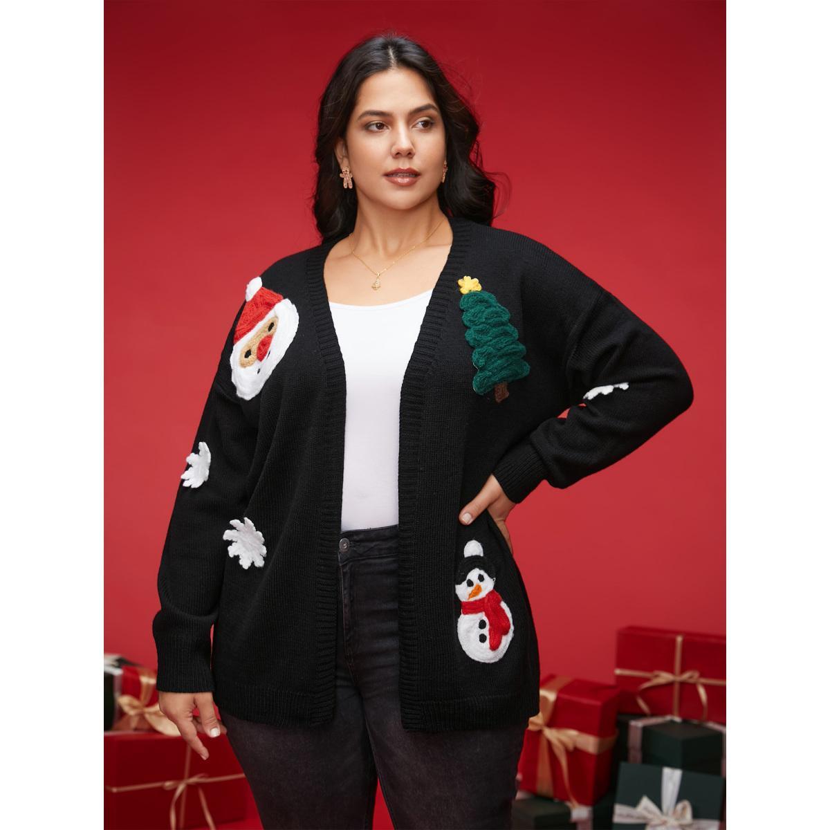 Plus Size Holiday Hand-Crocheted Motifs V-Neck Cardigan Black Women Casual Loose Long Sleeve Everyday Cardigans BloomChic 18-20/2X Product Image
