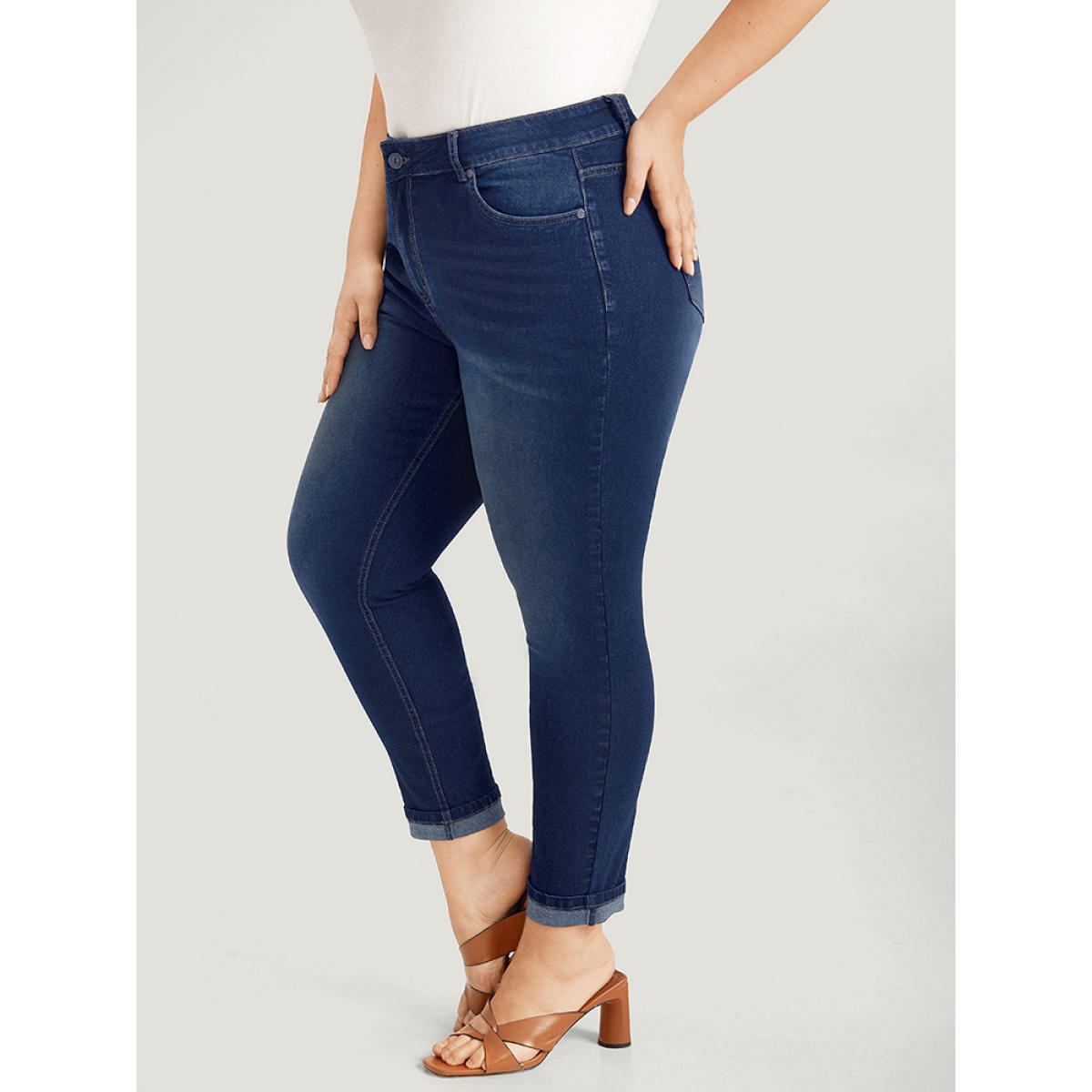 Plus Size Very Stretchy Pocket Dark Wash Roll Hem Jeans Women DarkBlue Casual Plain Roll Hem High stretch Pocket Jeans BloomChic 10/M Product Image