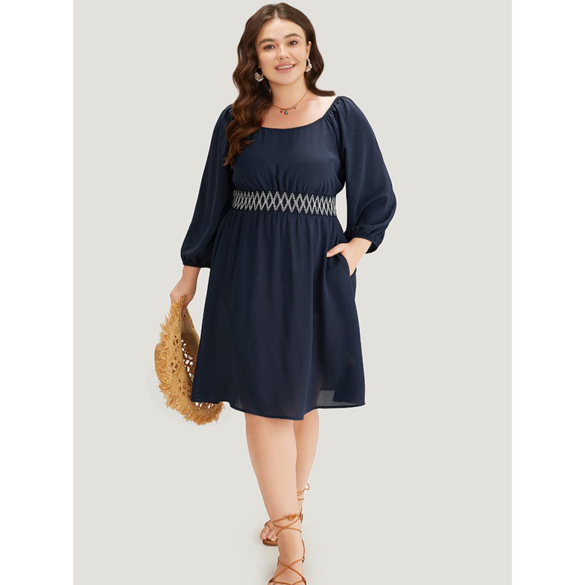 Plus Size Bandana Shirred Square Neck Lantern Sleeve Dress DarkBlue Women Vacation Elastic cuffs Square Neck Long Sleeve Curvy Midi Dress BloomChic 14-16/1X Product Image