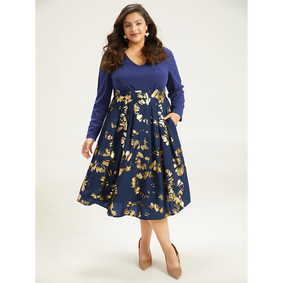 Plus Size Brush Glitter Pocket Patchwork Dress DarkBlue Women Party Printed V-neck Long Sleeve Curvy Midi Dress BloomChic 22-24/3X Product Image