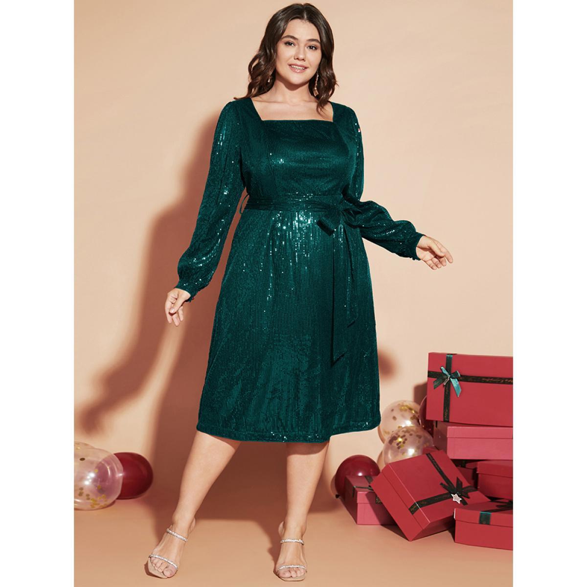 Plus Size Solid Square Neck Lantern Sleeve Belted Sequin Dress DarkGreen Women Party Cross straps Square Neck Long Sleeve Curvy Midi Dress BloomChic 28/5X Product Image