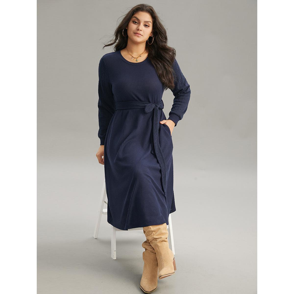 Plus Size Solid Waffle Knit Round Neck Belted Dress DarkBlue Women Casual Texture Round Neck Long Sleeve Curvy Midi Dress BloomChic 18-20/2X Product Image