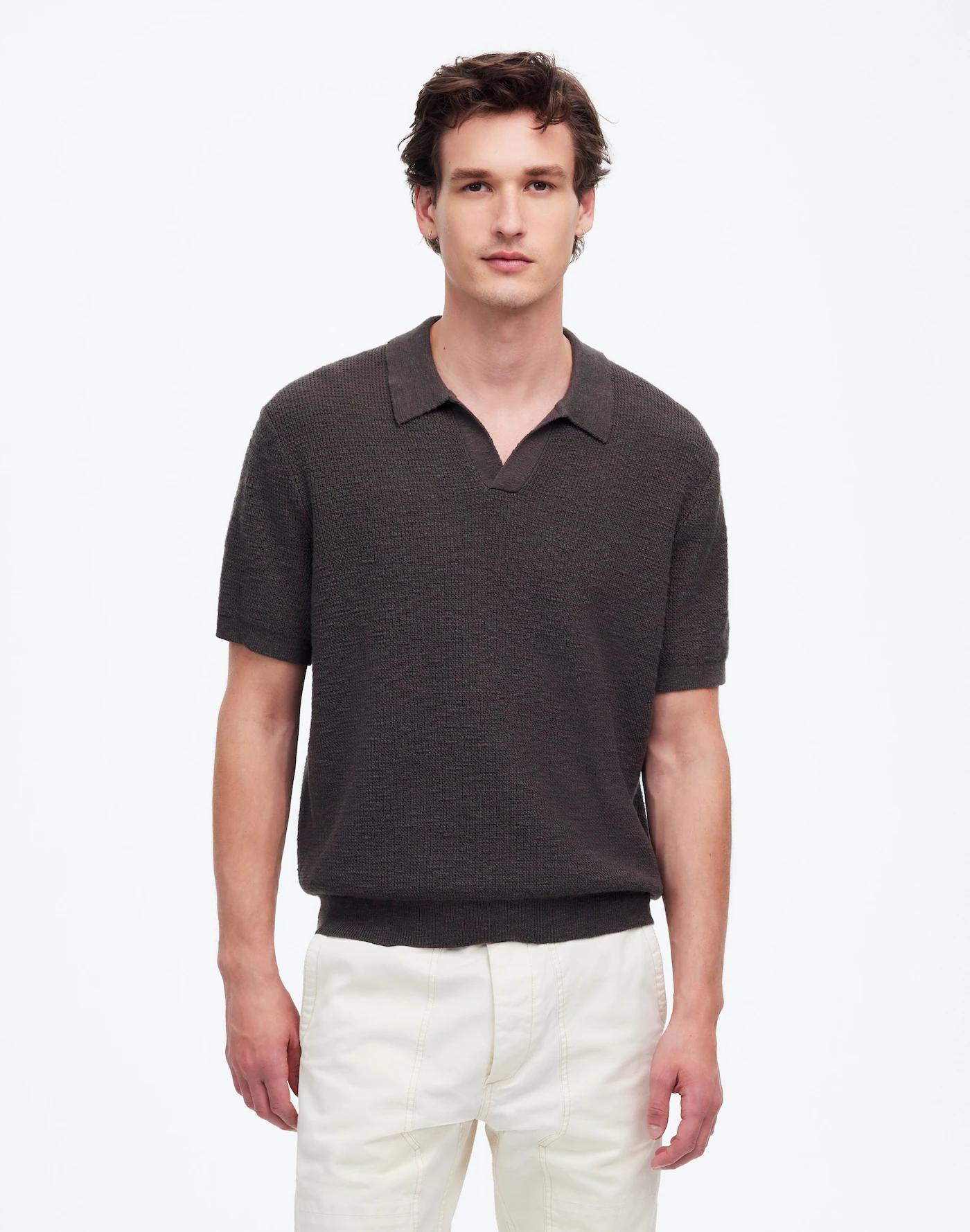 Waffle-Knit Johnny-Collar Sweater Polo Product Image