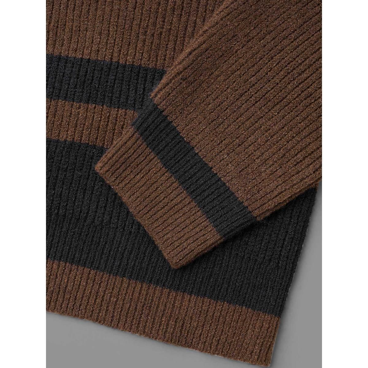 Plus Size Collared Button Front Striped Hem Knit Cardigan DarkBrown Women Casual Loose Long Sleeve Everyday Cardigans BloomChic 18-20/2X Product Image