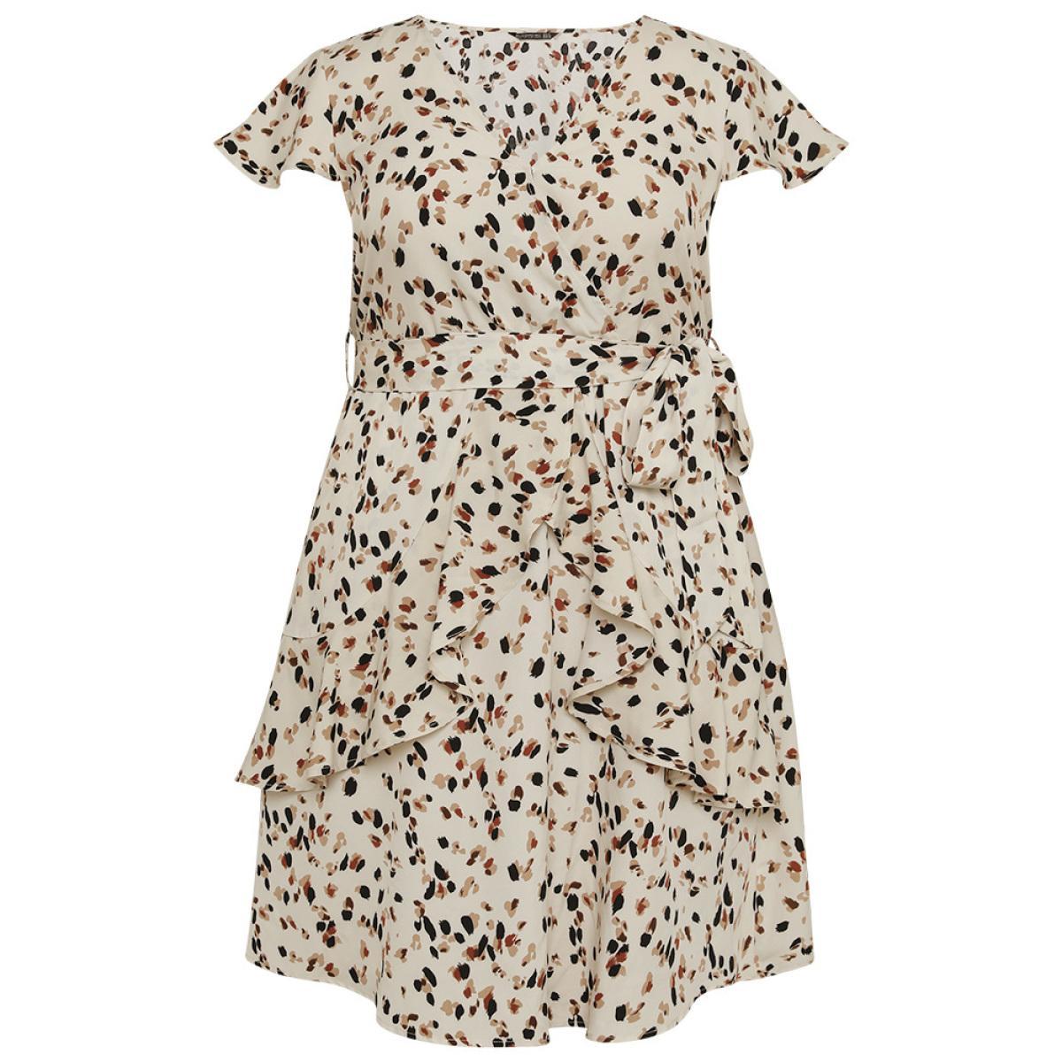 Plus Size Allover Print Belted Ruffles Asymmetrical Layered Hem Dress Apricot Women Elegant Gathered V-neck Cap Sleeve Curvy Knee Dress BloomChic 14-16/1X Product Image
