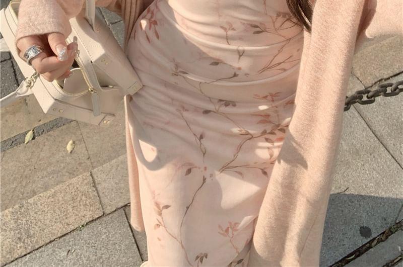 Plain Long Cardigan / Spaghetti Strap Floral Midi Sheath Dress Product Image