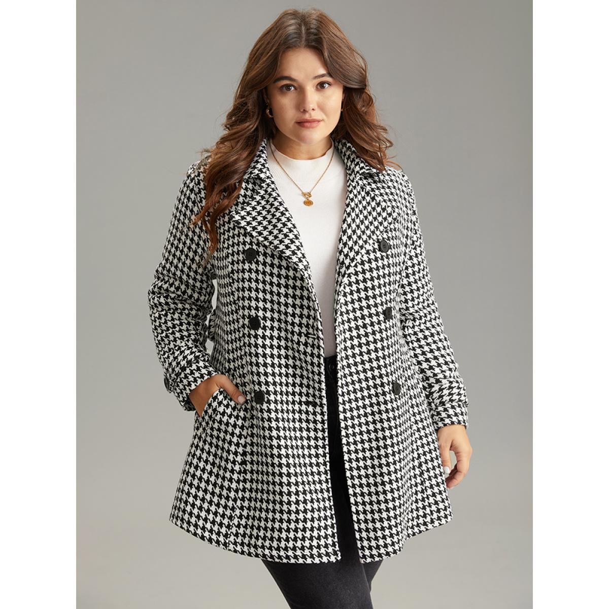 Plus Size Houndstooth Double Breasted Belted Coat Women Black Casual Lined Ladies Dailywear Winter Coats BloomChic 28/5X Product Image