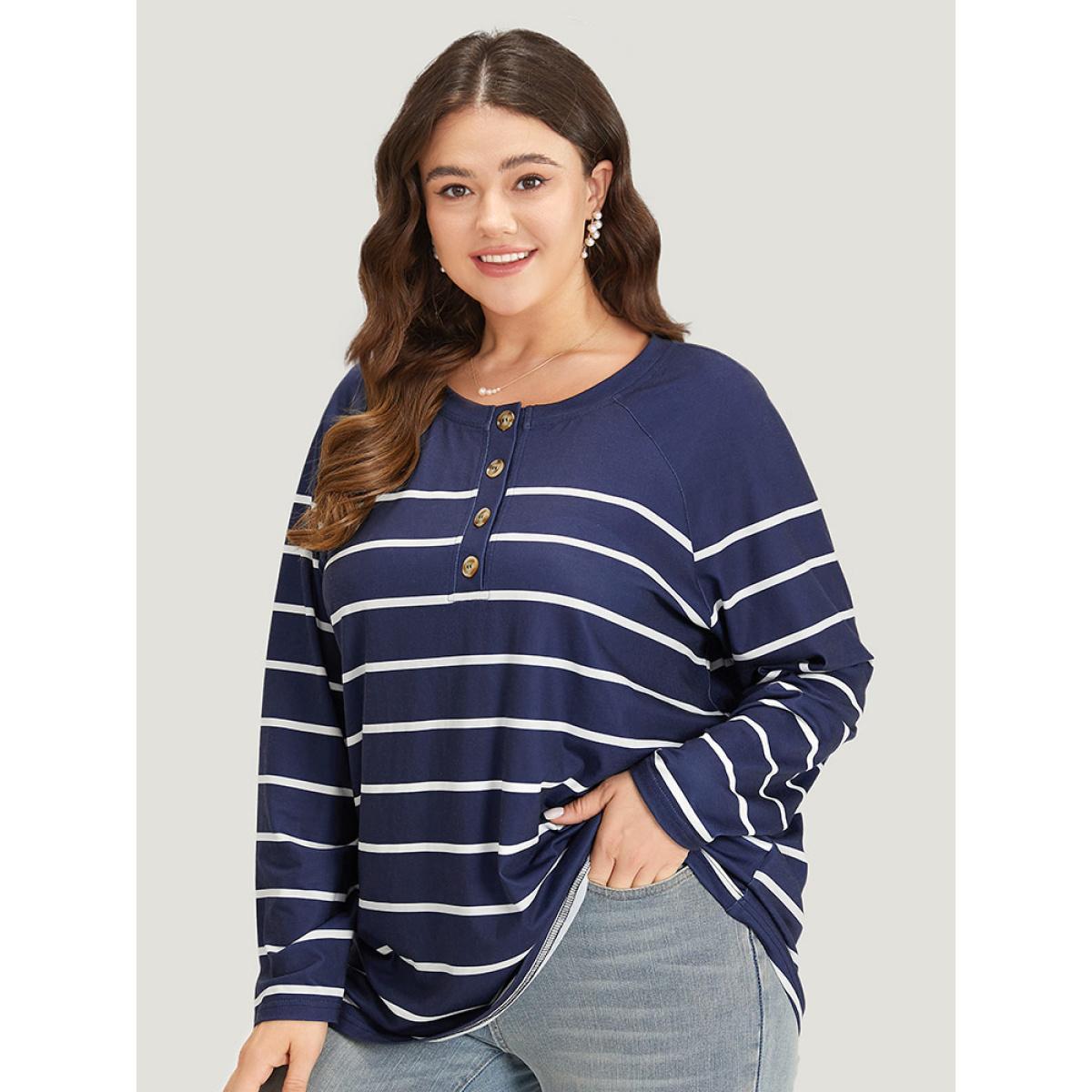 Plus Size Striped Button Up Crew Neck Raglan Sleeve T-shirt Blue Women Casual Button Striped Open Front Dailywear T-shirts BloomChic 26/4X Product Image