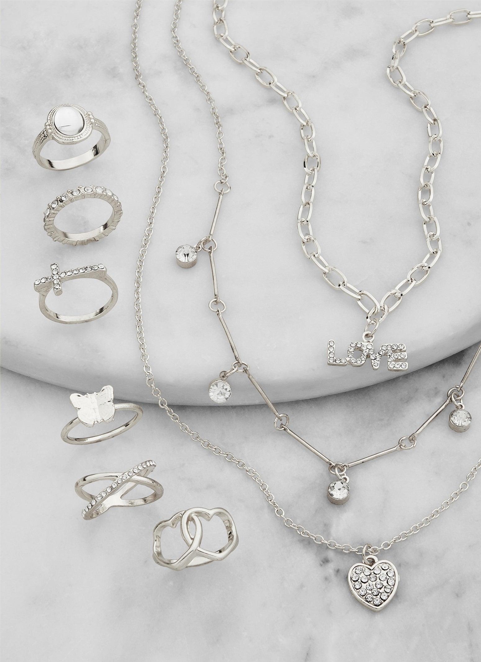 Womens Love Heart Charm Layered Necklace with Rings Set Product Image