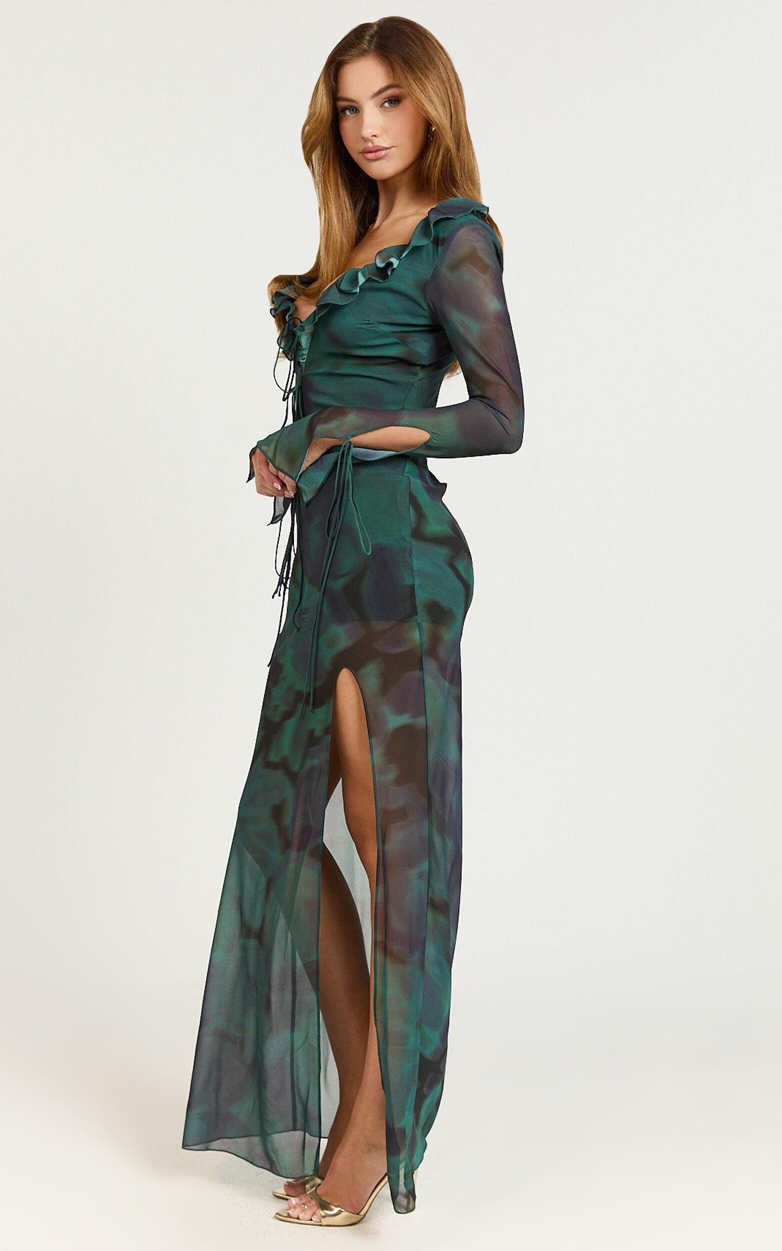 Katie Maxi Dress - Ruffle Plunge Neck Long Sleeve Dress in Green Product Image