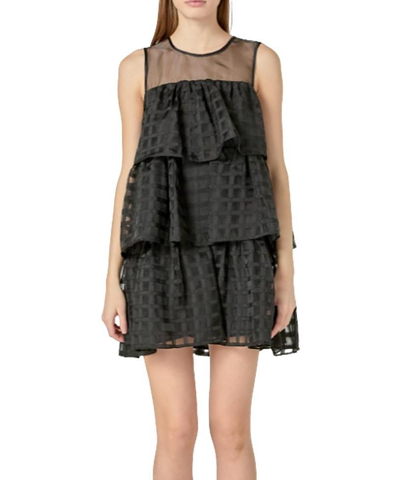 English Factory Womens Organza Gridded Tiered Sleeveless Mini Dress Product Image