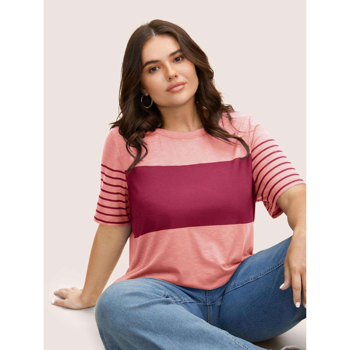 Plus Size Crew Neck Striped Patchwork Contrast T-shirt Crepe Women Casual Contrast Art&design Round Neck Everyday T-shirts BloomChic 14-16/1X Product Image