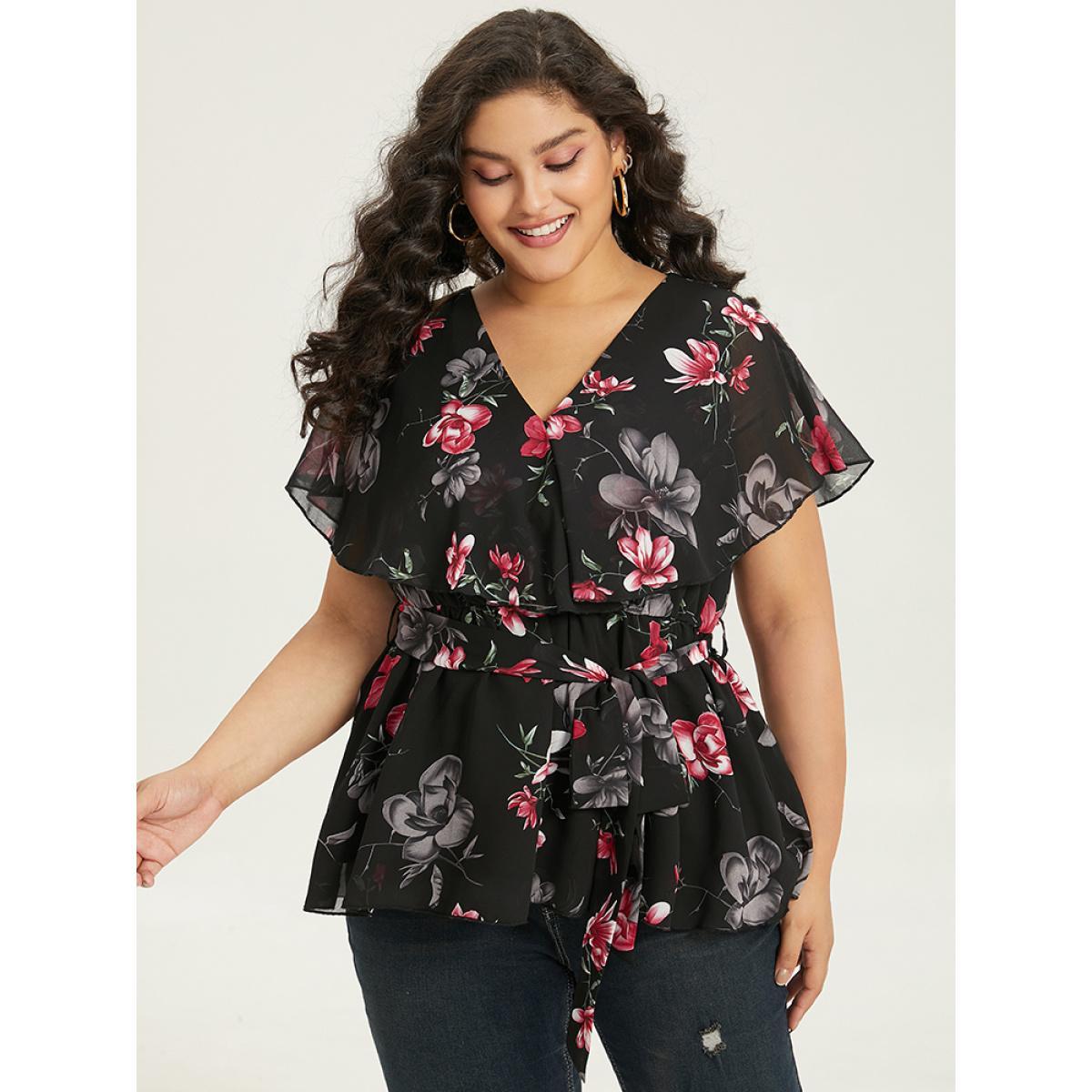 Plus Size Black Floral Split Batwing Sleeve Wrap Mesh Belted Blouse Women Glamour Cap Sleeve Deep V-neck Going out Blouses BloomChic 14-16/1X Product Image