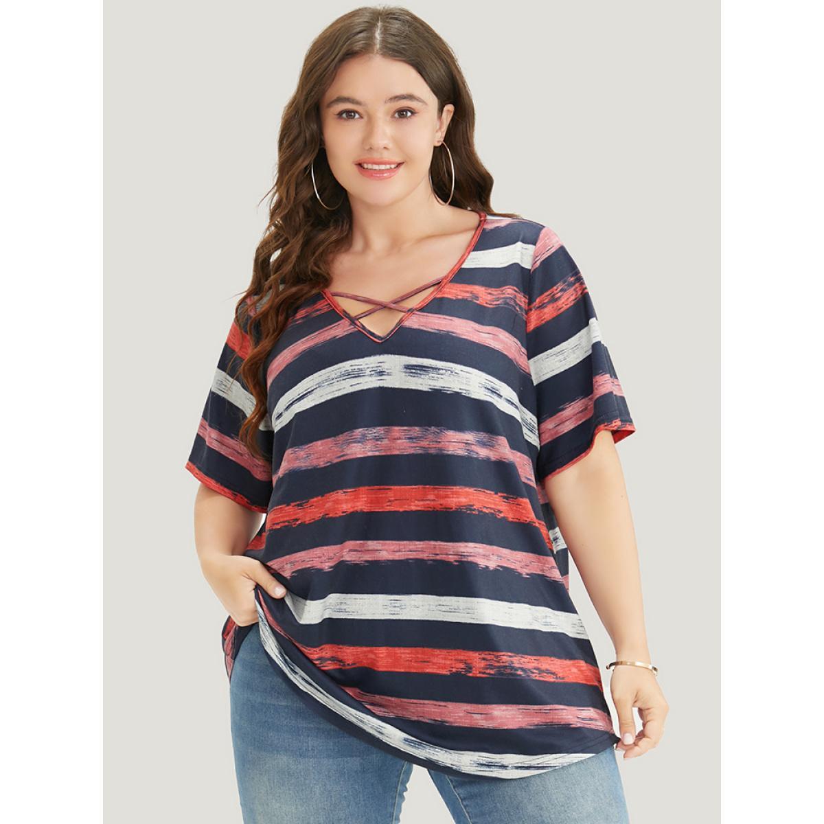 Plus Size Striped Contrast Crisscross Neck T-shirt Midnight Women Casual Striped V-neck Dailywear T-shirts BloomChic 28/5X Product Image