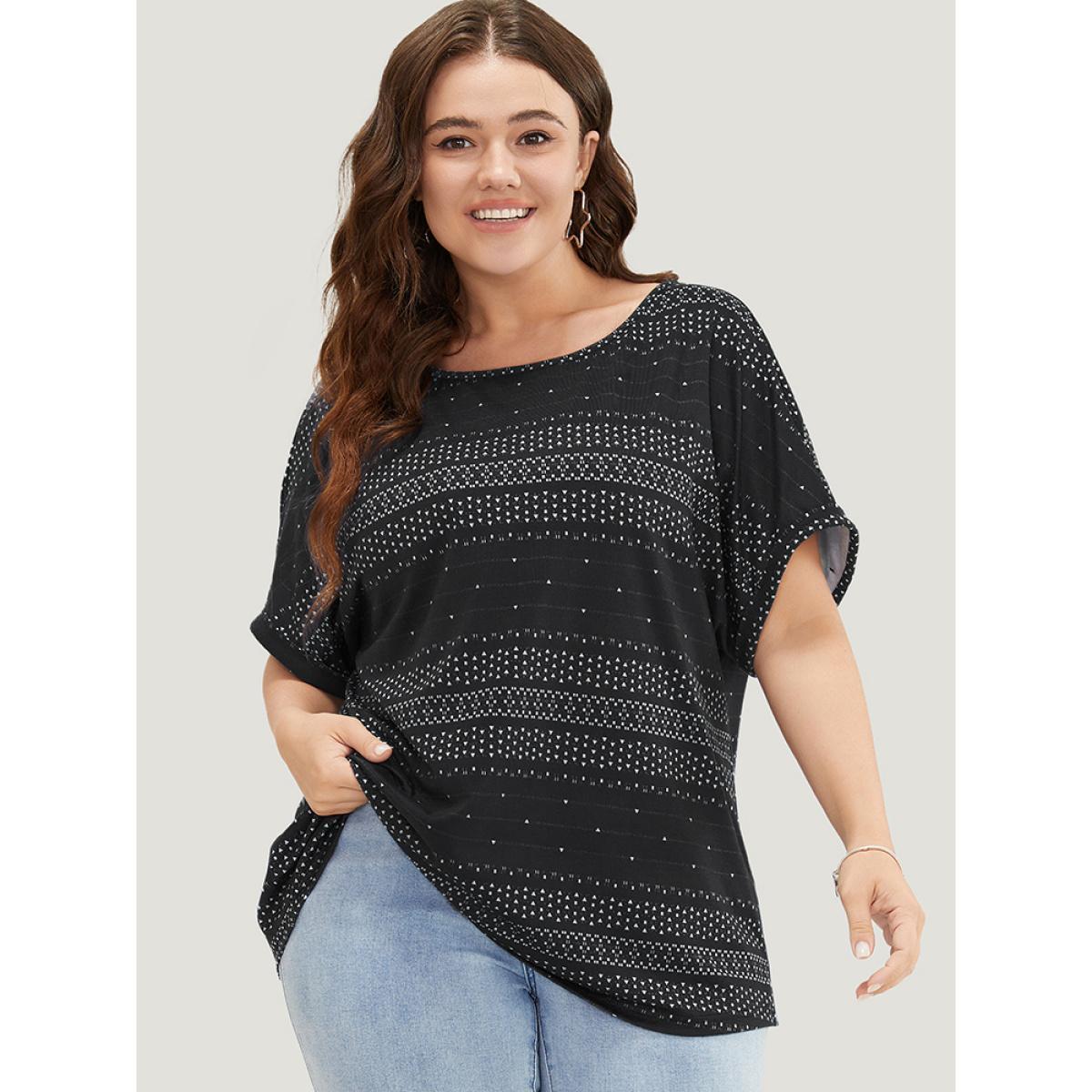 Plus Size Geometric Print Backless Roll Dolman Sleeve T-shirt Black Women Casual Cut-Out Geometric Round Neck Dailywear T-shirts BloomChic 14-16/1X Product Image