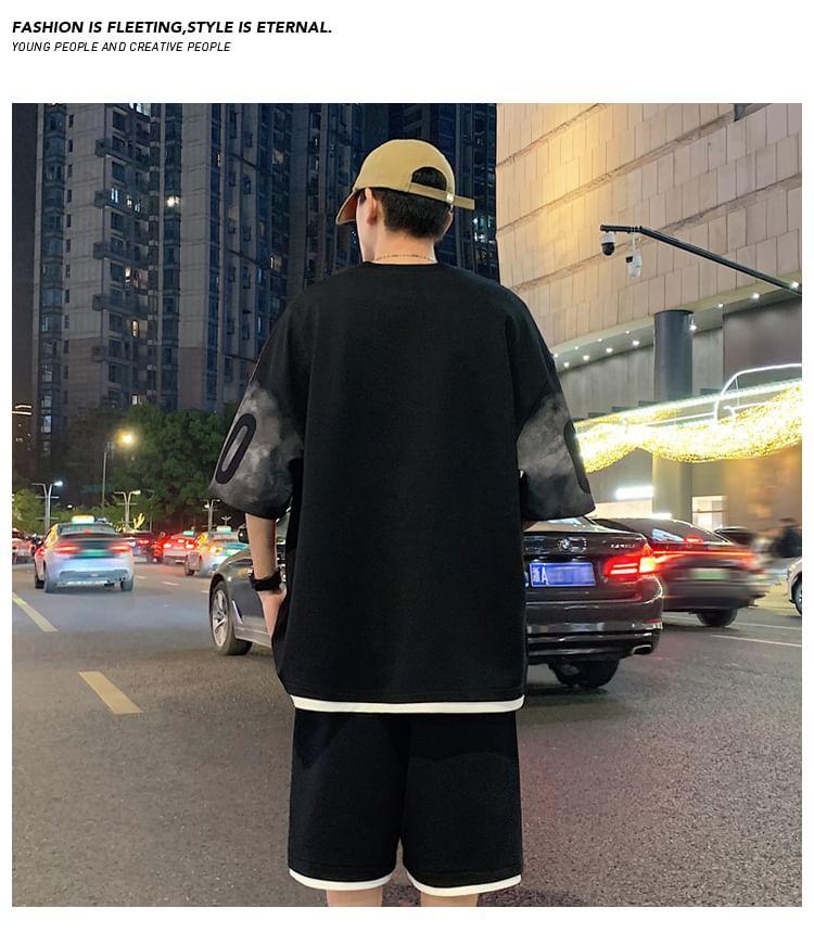 Set: Elbow-Sleeve Crewneck Lettering T-Shirt + Sweatshorts Product Image
