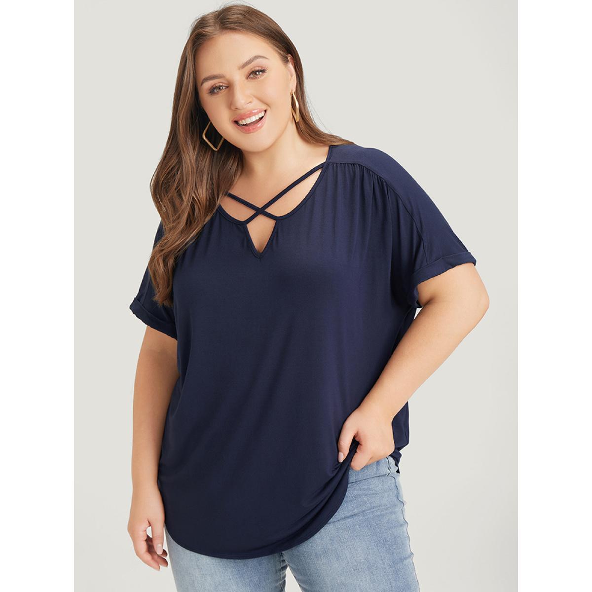 Plus Size Solid Notched Crisscross Roll Batwing Sleeve T-shirt Midnight Women Elegant Arc Hem Plain Notched collar Dailywear T-shirts BloomChic 26/4X Product Image
