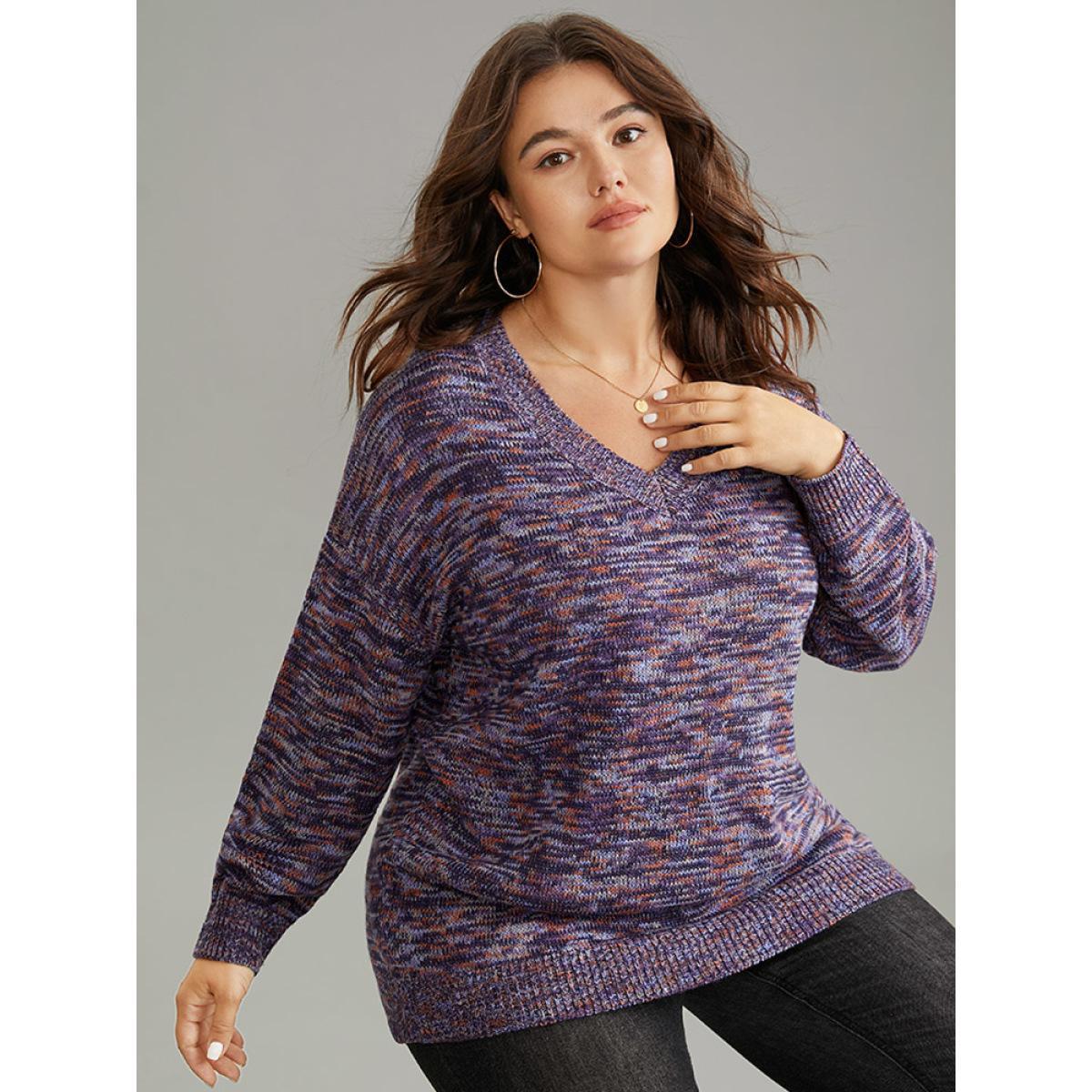 Plus Size Drop Shoulder Ombre Heather Pullover Indigo Women Casual Loose Long Sleeve V-neck Dailywear Pullovers BloomChic 26/4X Product Image