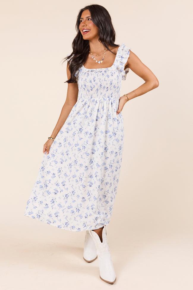 Lizzy Ruffle Smocked Top Blue Floral Maxi Dress Product Image