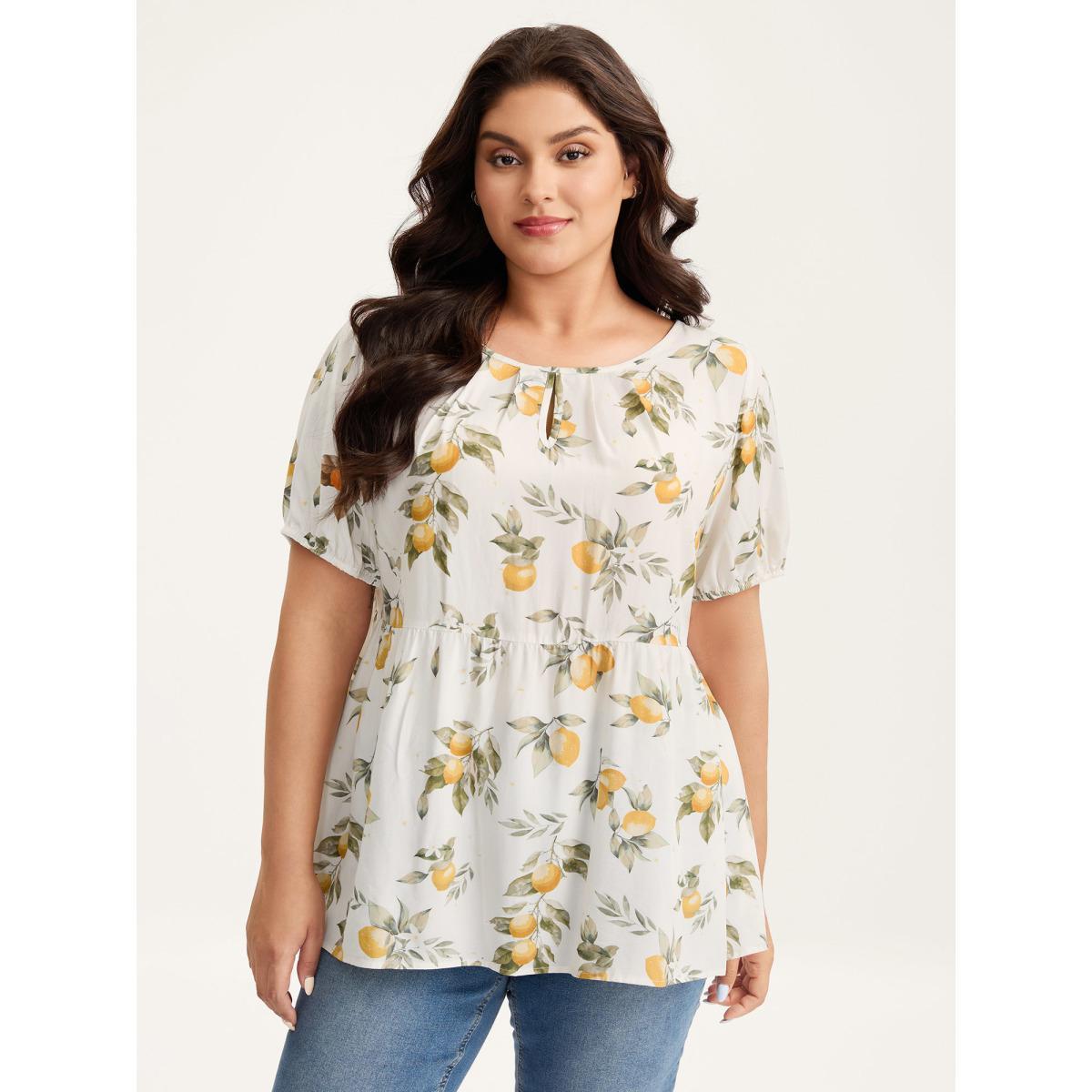 Plus Size Apricot Citrus Print Bow Backless Blouse Women Short sleeve Round Neck Everyday-Casual Blouses BloomChic 10/M Product Image