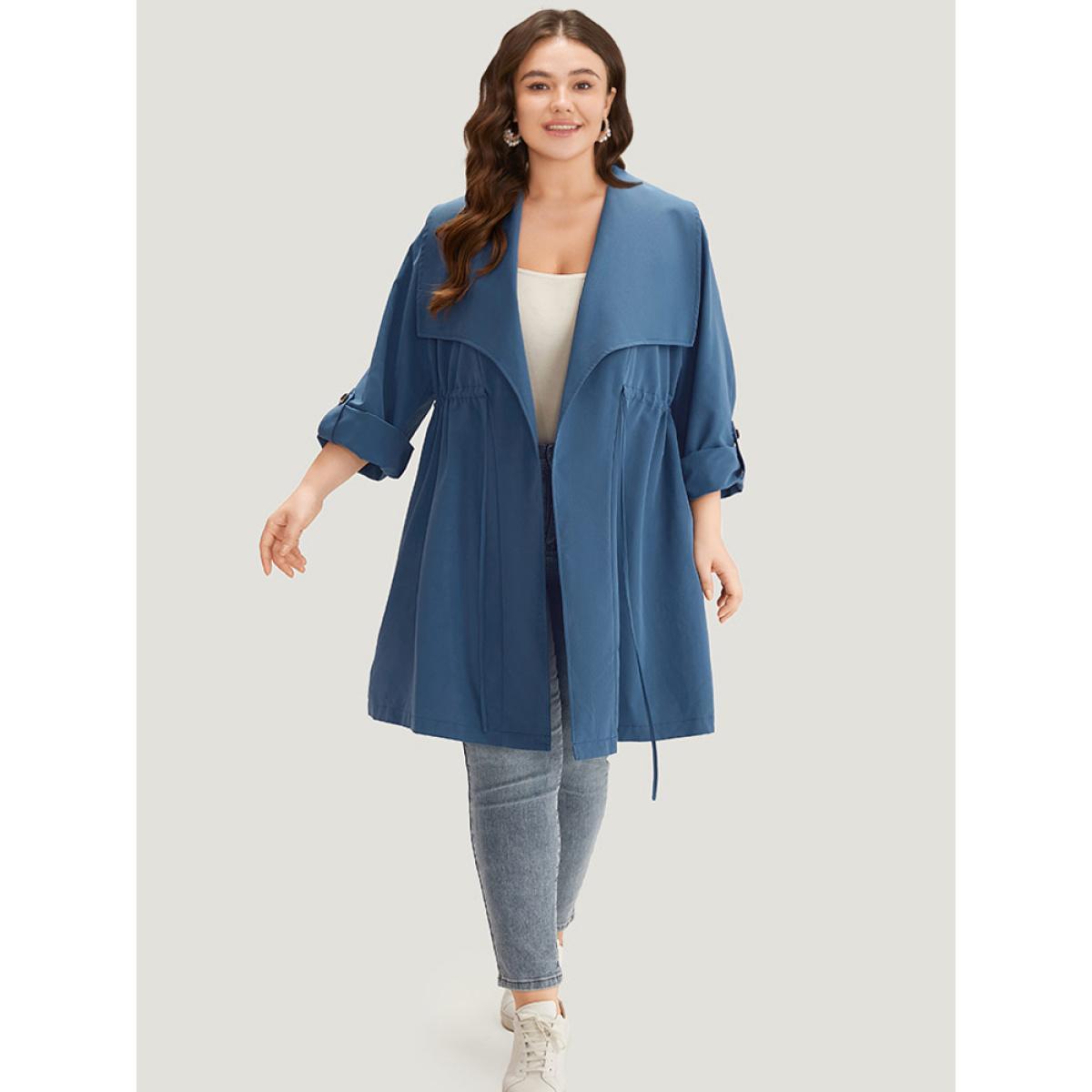 Plus Size Plain Drawstring Pocket Lapel Collar Tab Sleeve Coat Women DarkBlue Work Plain Plain 18-20/2X Pocket Work From Home Trench Coats BloomChic Product Image