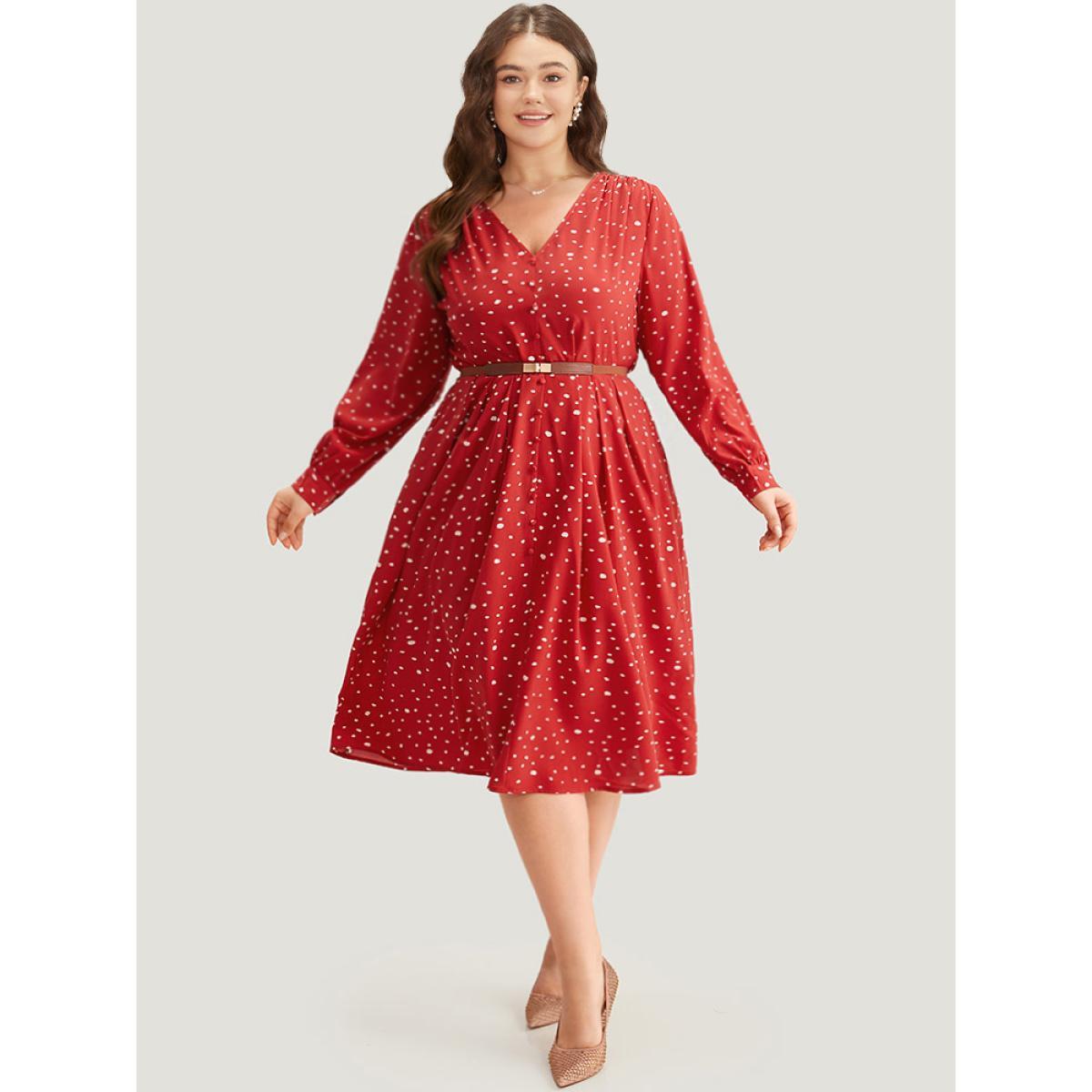 Plus Size Polka Dot Button Detail Pleated Dress Crimson Women Elegant Printed V-neck Long Sleeve Curvy Midi Dress BloomChic 10/M Product Image