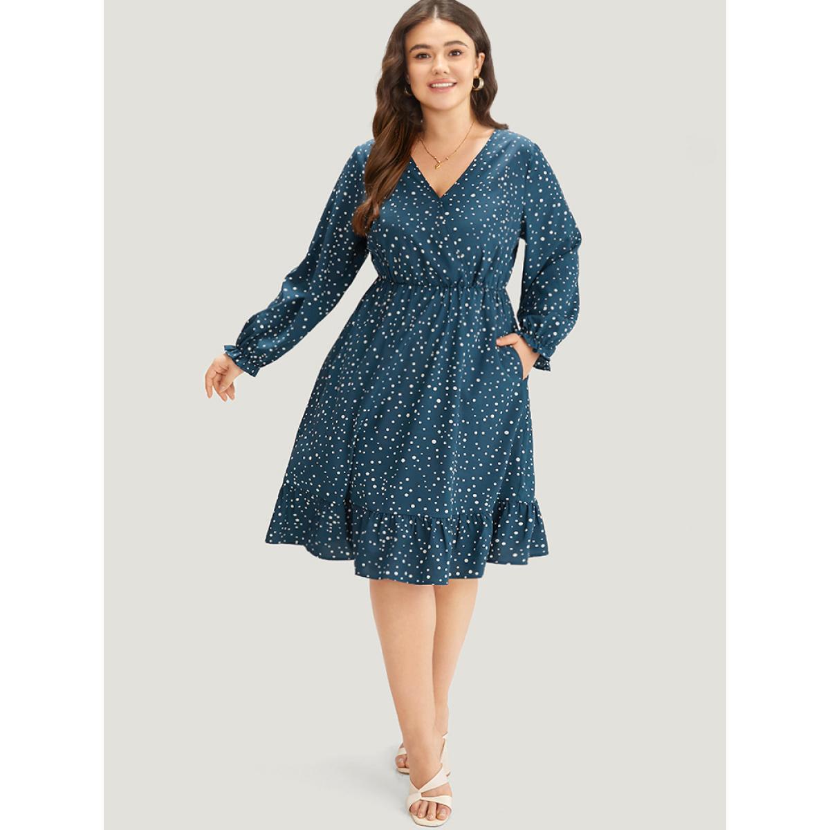 Plus Size Polka Dot Overlap Collar Flutter Trim Dress Aegean Women Elegant Elastic cuffs V-neck Long Sleeve Curvy Midi Dress BloomChic 18-20/2X Product Image
