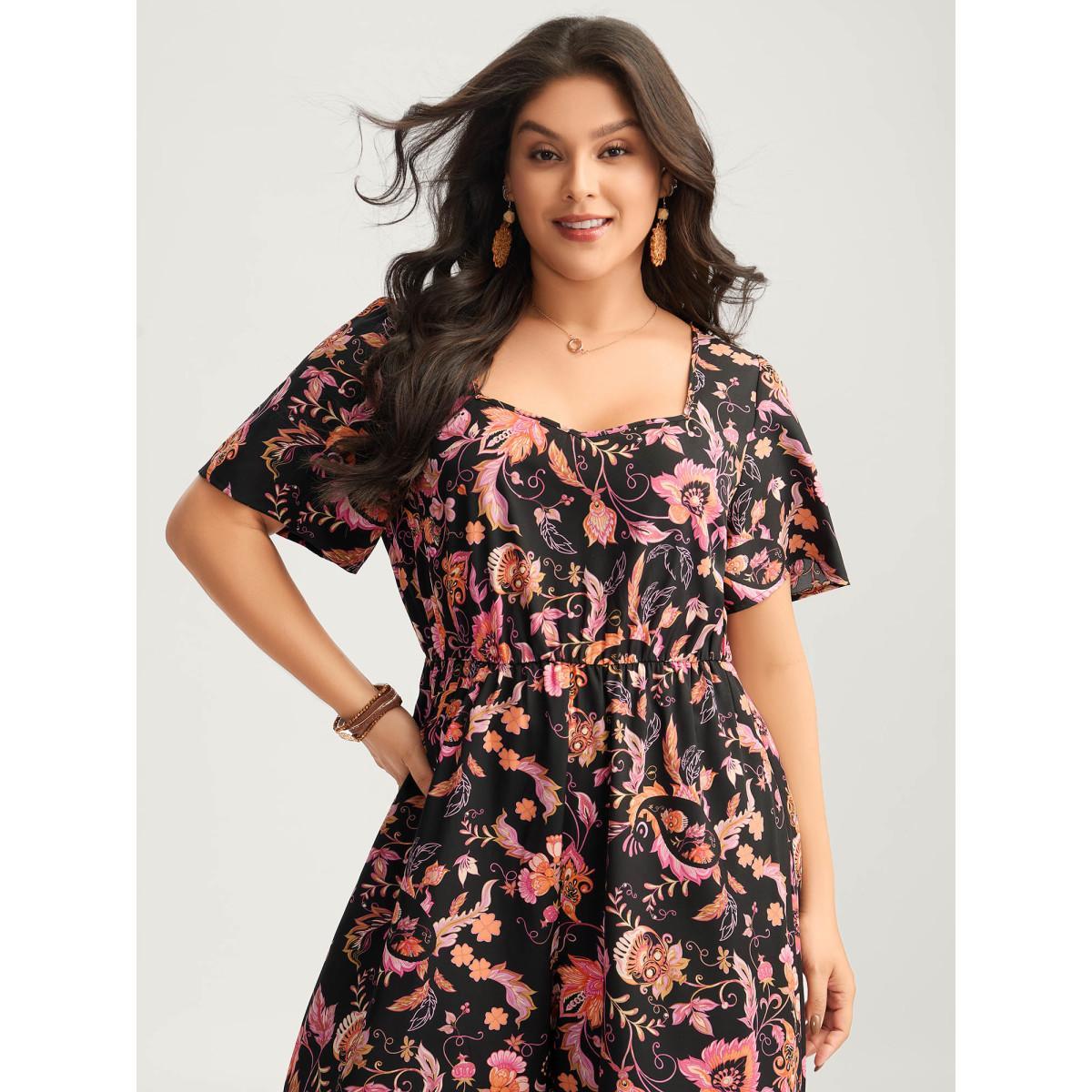 Plus Size Black Floral Print Square Neck Pockets Jumpsuit Women Short sleeve Heart neckline Vacation Loose Jumpsuits BloomChic 12/L Product Image