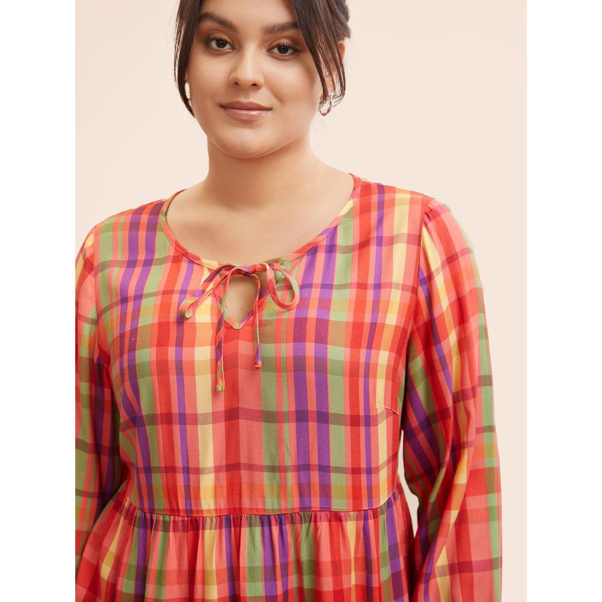 Plus Size Multicolor Colored Plaid Tie Knot Ruffle Hem Blouse Women Casual Long Sleeve Notched collar Everyday Blouses BloomChic 18-20/2X Product Image