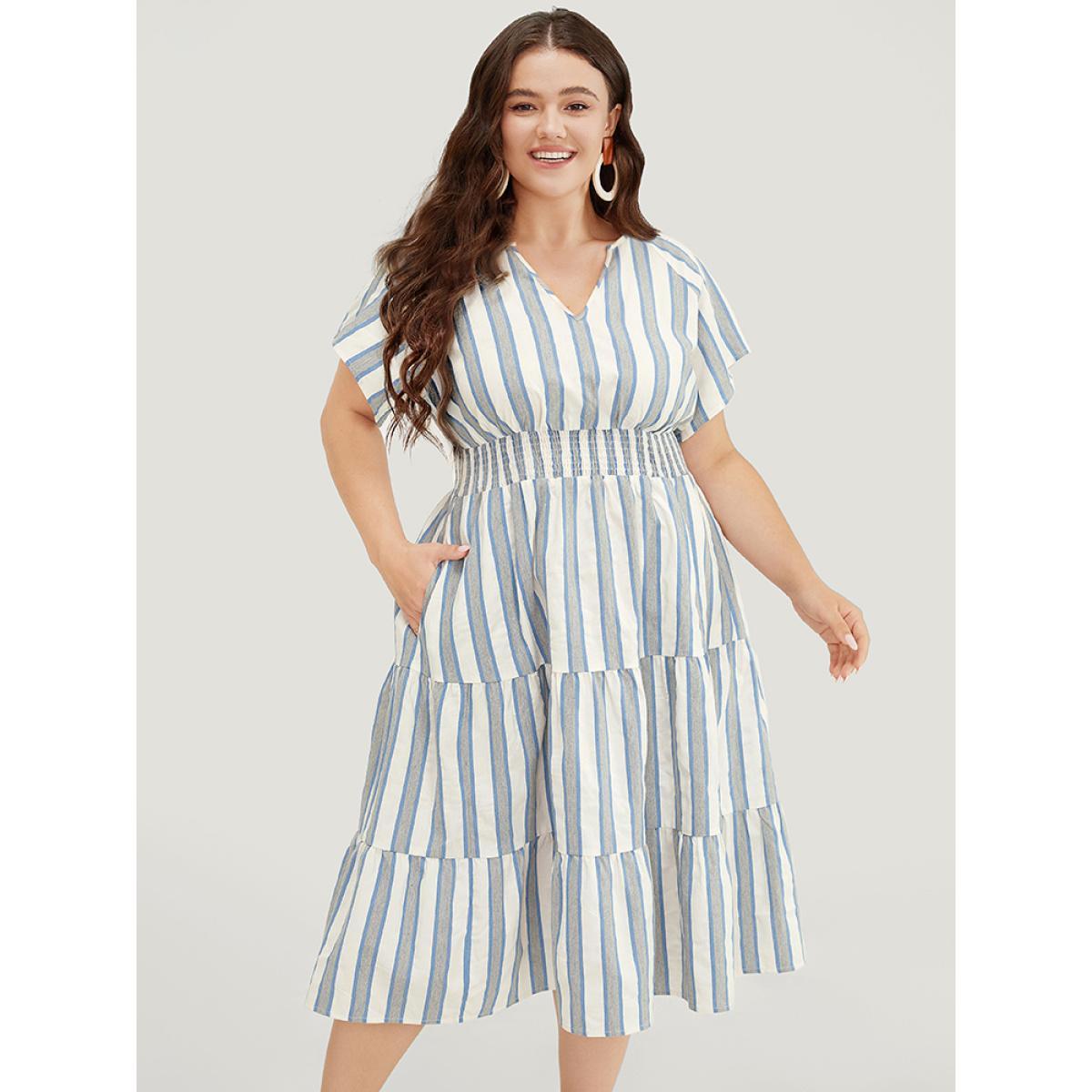 Plus Size Striped Contrast Pocket Shirred Flutter Tiered Dress Blue Women Resort Non V-neck Short sleeve Curvy Midi Dress BloomChic 28/5X Product Image