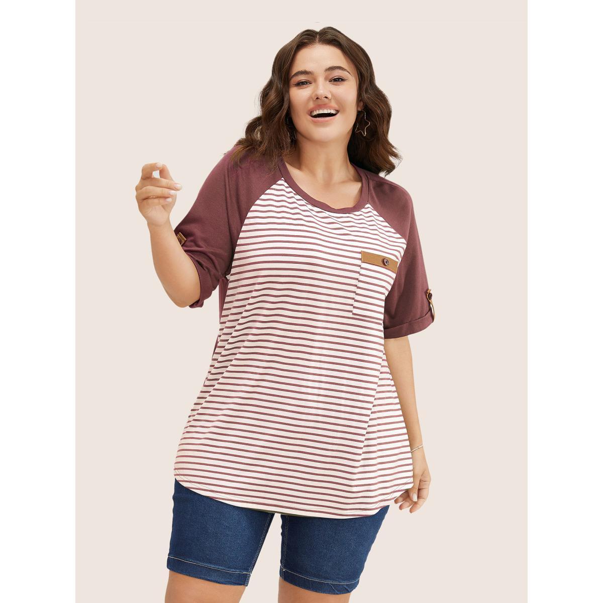 Plus Size Striped Contrast Patched Pocket Roll Raglan Sleeve T-shirt DustyPink Women Casual Contrast Striped Round Neck Everyday T-shirts BloomChic 26/4X Product Image