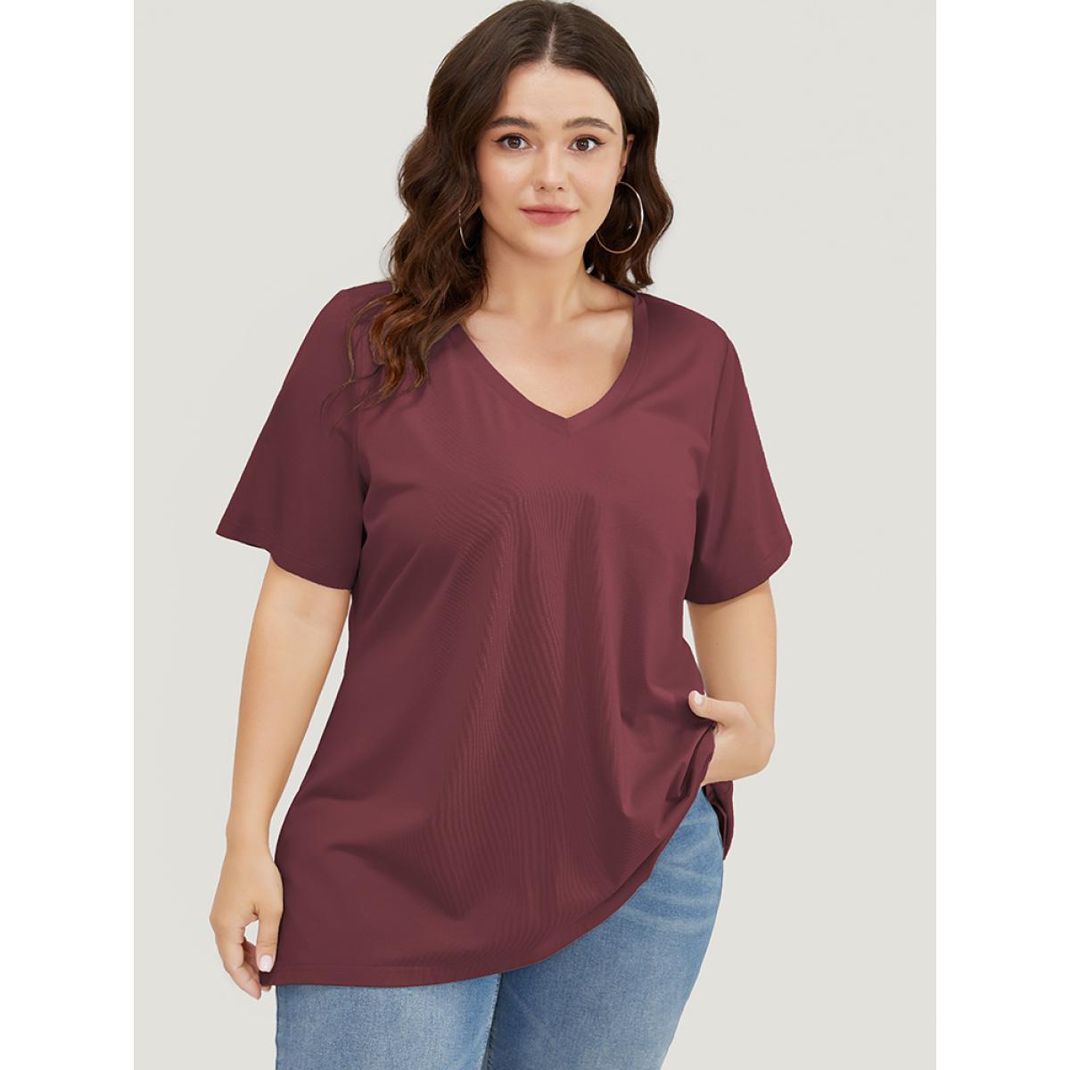 Plus Size UltraCool Short Sleeve Drop Shoulder V Neck T-shirt Burgundy Women Basics Plain V-neck Dailywear T-shirts BloomChic 14-16/1X Product Image