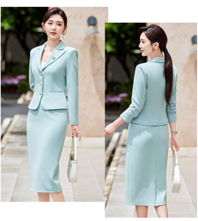 Set: Lapel Collar Plain Single Breasted Blazer + Mid Rise Plain Midi Pencil Skirt Product Image