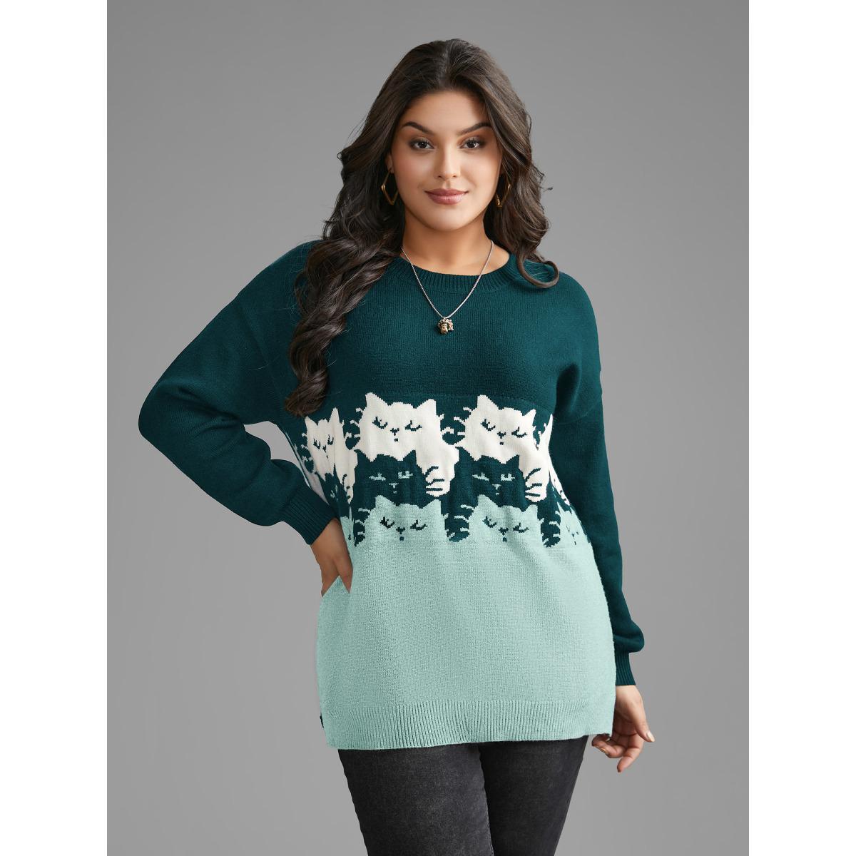 Plus Size Cat Contrast Drop Shoulder Pullover Cyan Women Casual Loose Long Sleeve Round Neck Everyday Pullovers BloomChic 12/L Product Image