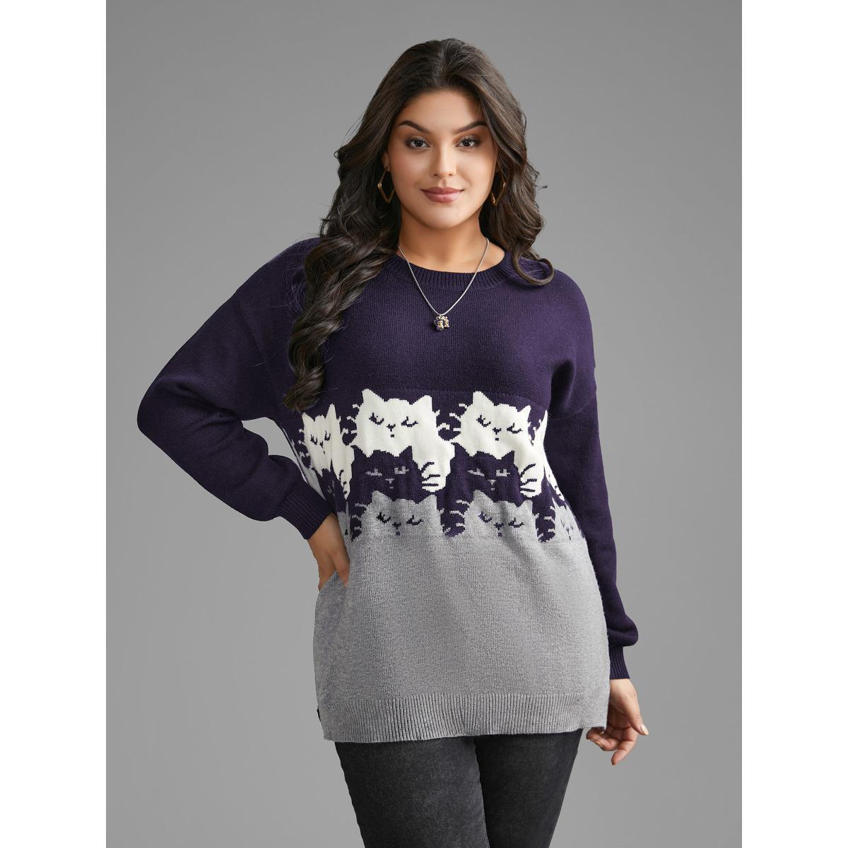 Plus Size Cat Contrast Drop Shoulder Pullover Indigo Women Casual Loose Long Sleeve Round Neck Everyday Pullovers BloomChic 14-16/1X Product Image