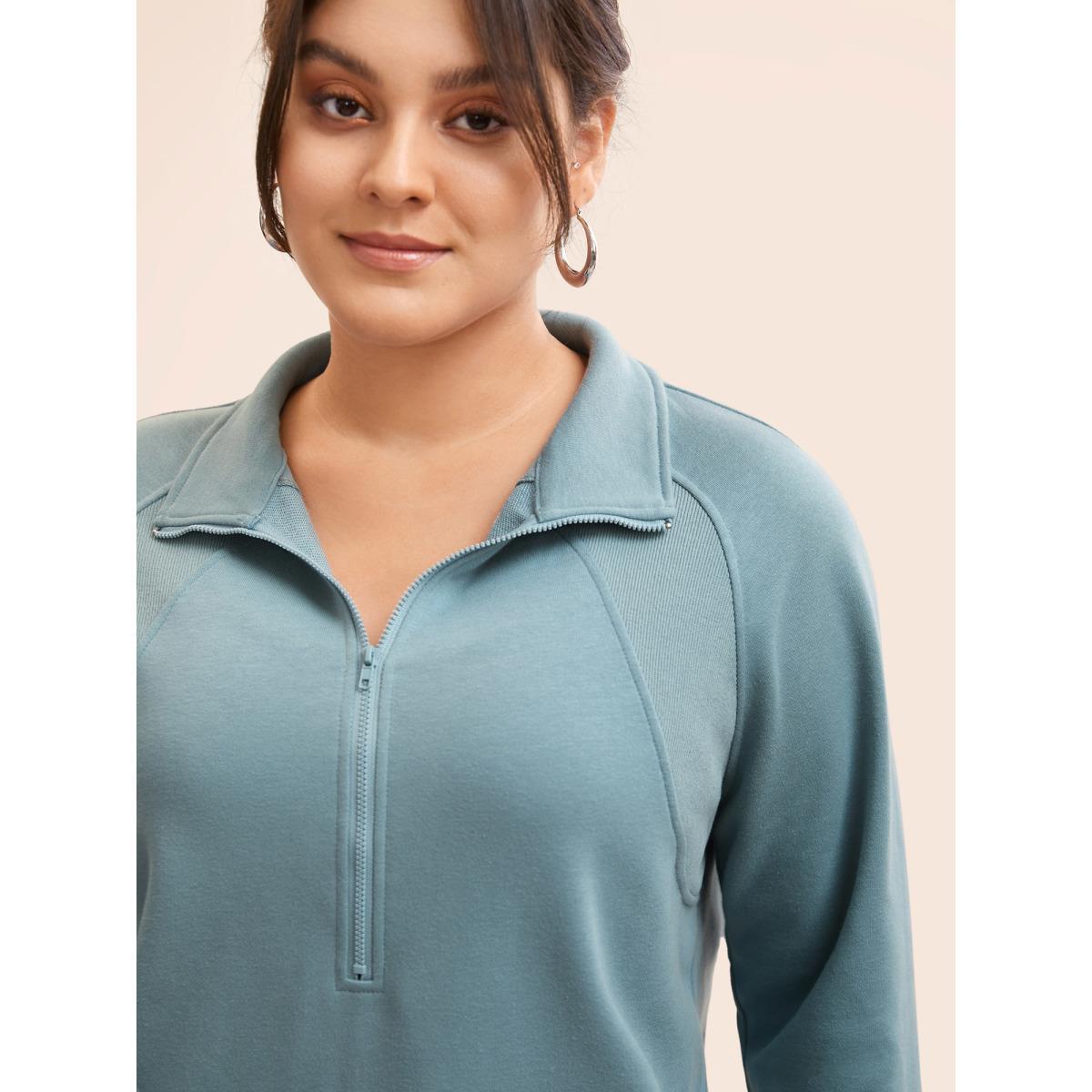 Plus Size Textured Half Zip Patchwork Sweatshirt Women Stone Casual Patchwork Polo Everyday Sweatshirts BloomChic 30/6X Product Image