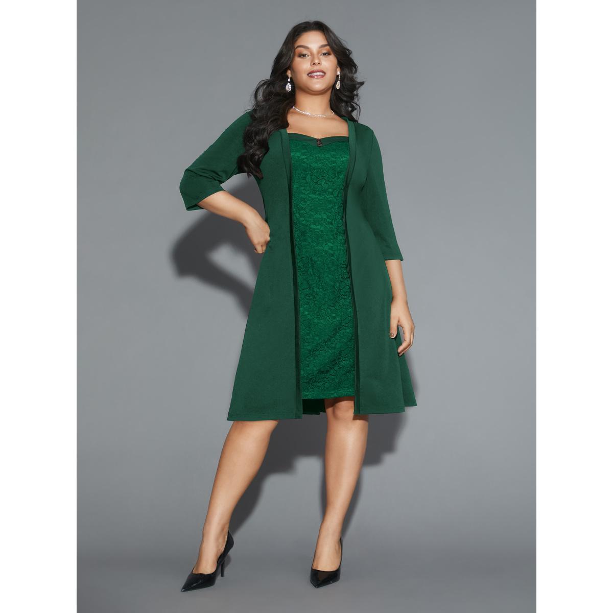 Plus Size Lace Heart Neckline Pocket Midi Dress DarkGreen Women Cocktail Texture Party Curvy Bloomchic 14-16/1X Product Image