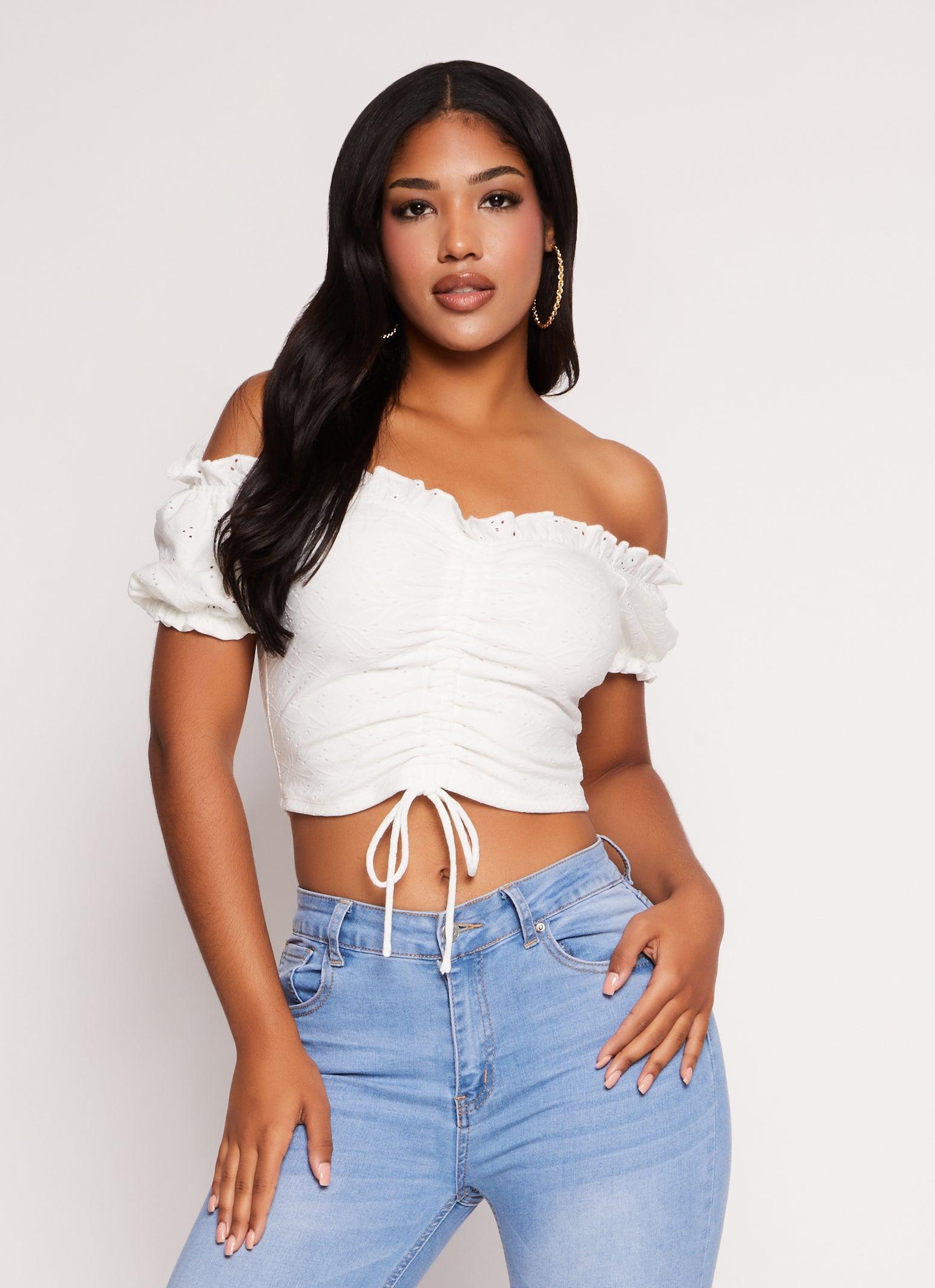 Womens Eyelet Ruched Front Peasant Top Product Image