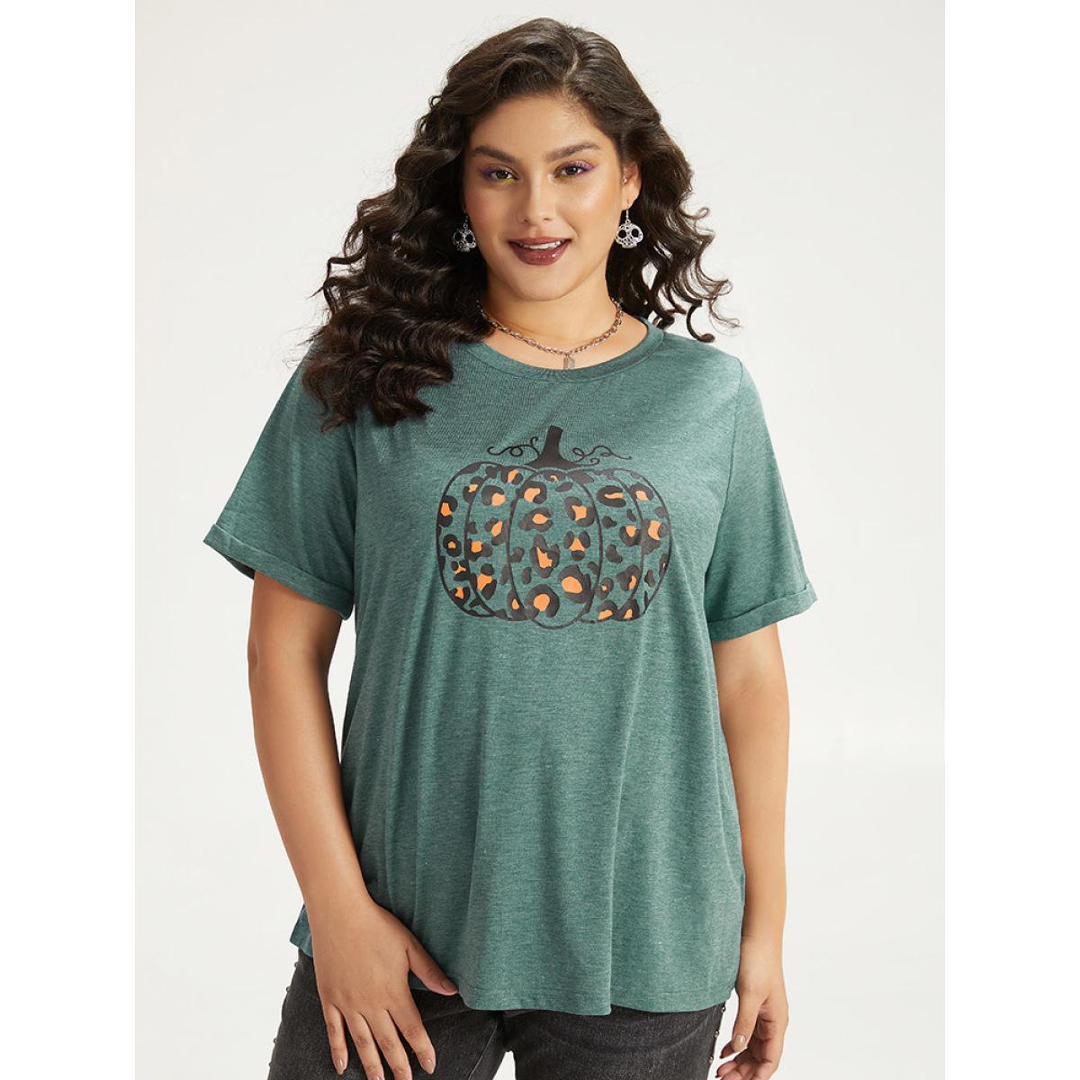 Plus Size Halloween Pumpkin Print Crew Neck T-shirt DarkGreen Women Casual Printed Halloween Dailywear T-shirts BloomChic 14-16/1X Product Image