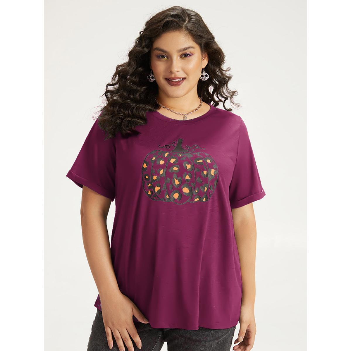 Plus Size Halloween Pumpkin Print Crew Neck T-shirt Crimson Women Casual Printed Halloween Dailywear T-shirts BloomChic 22-24/3X Product Image