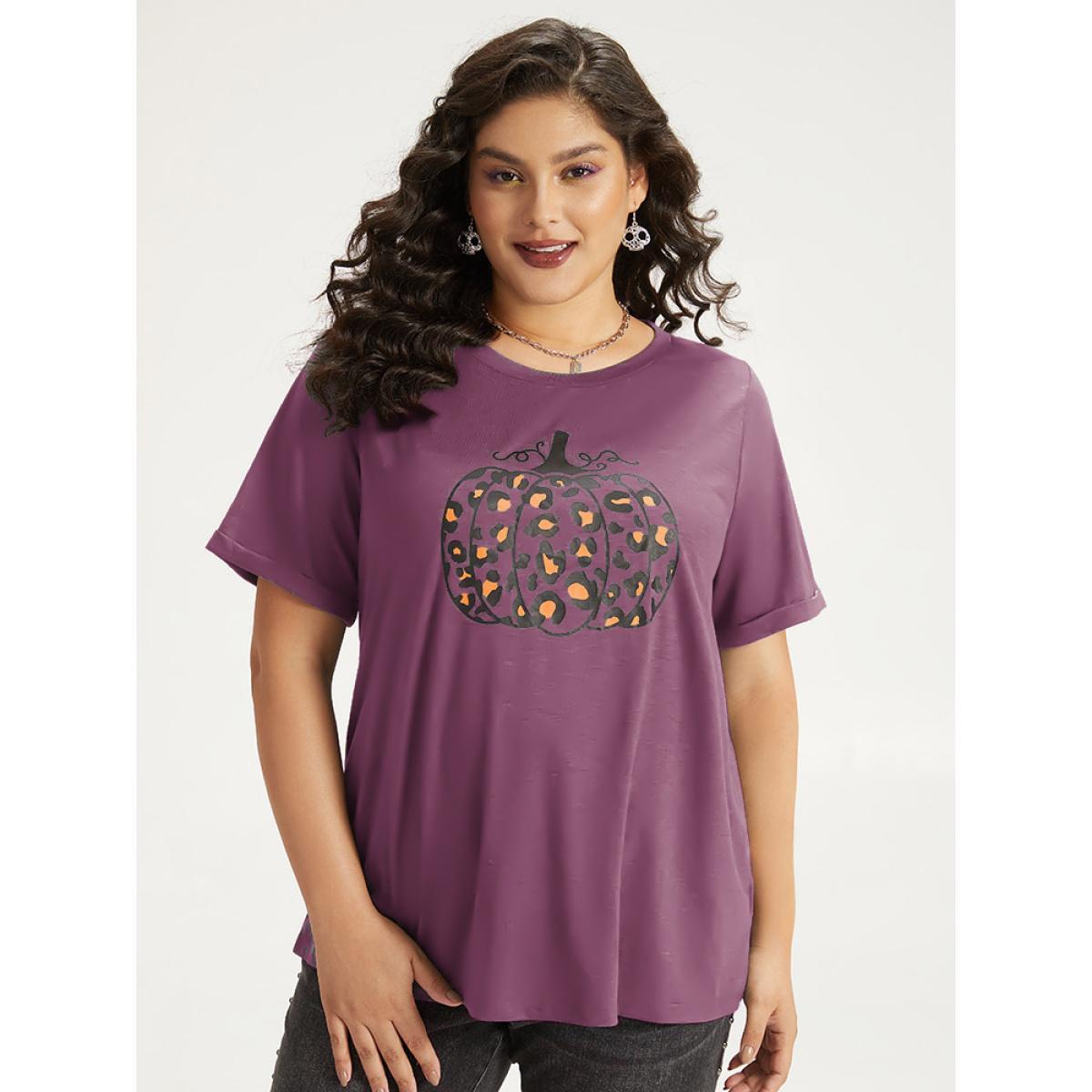 Plus Size Halloween Pumpkin Print Crew Neck T-shirt DustyPink Women Casual Printed Halloween Dailywear T-shirts BloomChic 26/4X Product Image