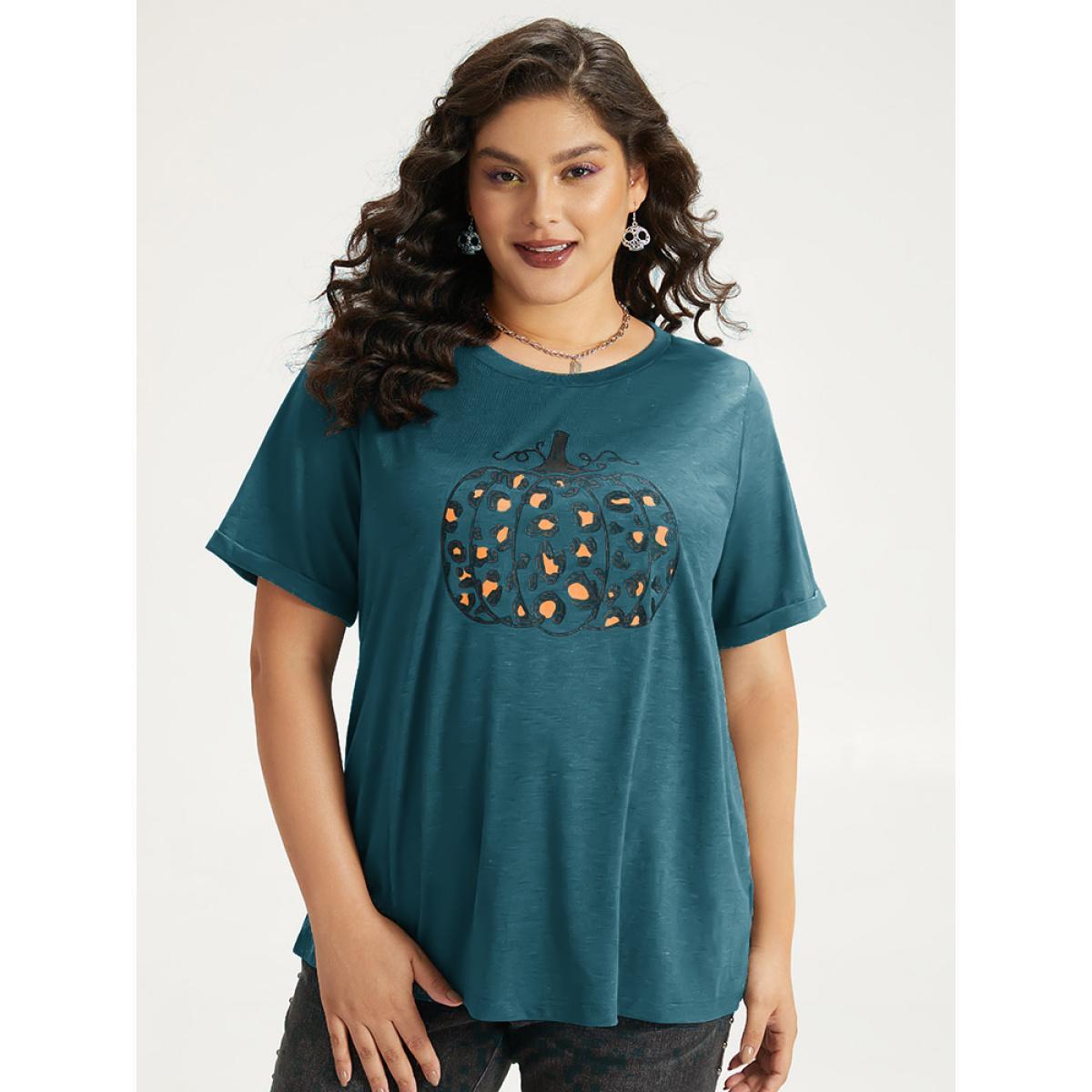 Plus Size Halloween Pumpkin Print Crew Neck T-shirt Indigo Women Casual Printed Halloween Dailywear T-shirts BloomChic 14-16/1X Product Image