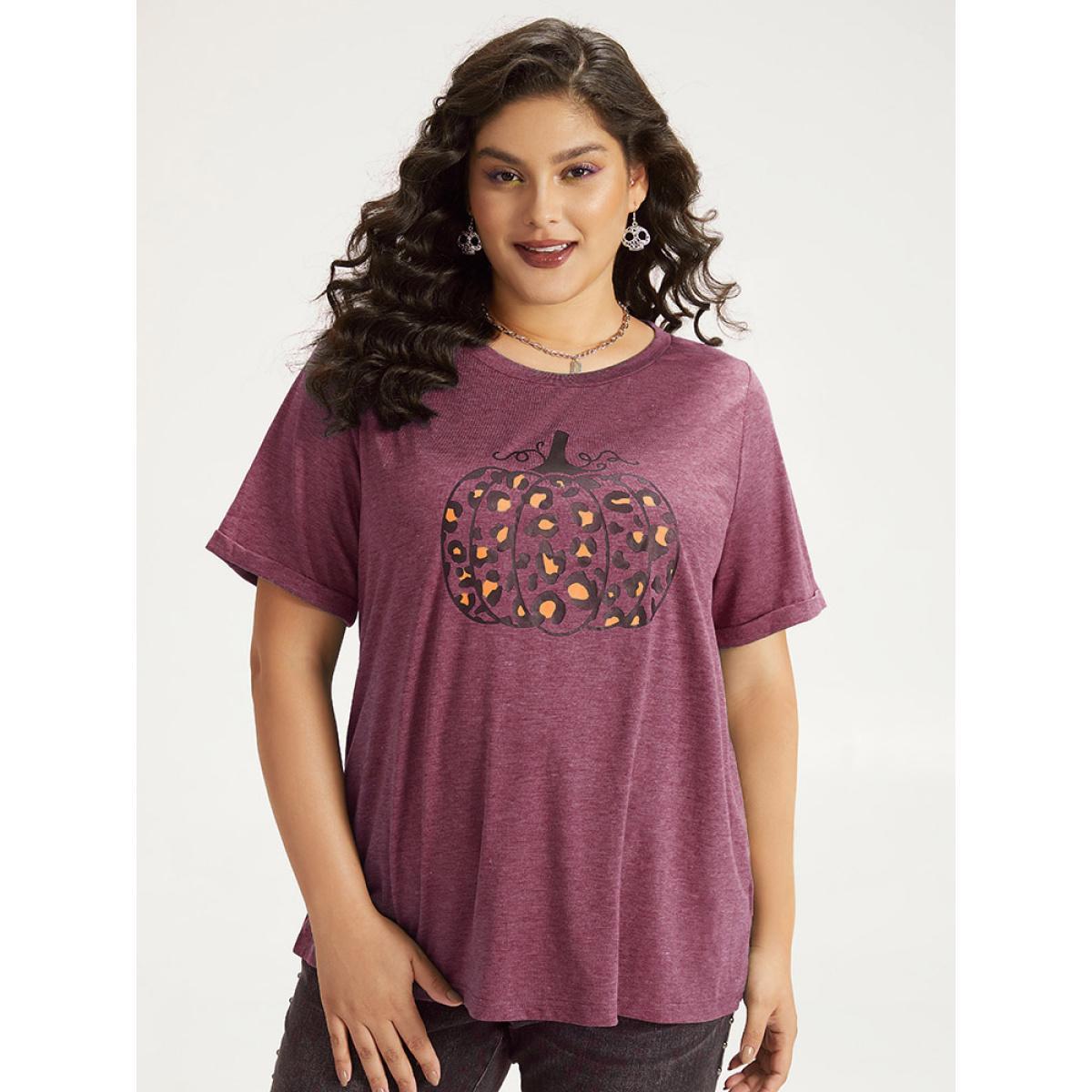 Plus Size Halloween Pumpkin Print Crew Neck T-shirt Red Women Casual Printed Halloween Dailywear T-shirts BloomChic 18-20/2X Product Image