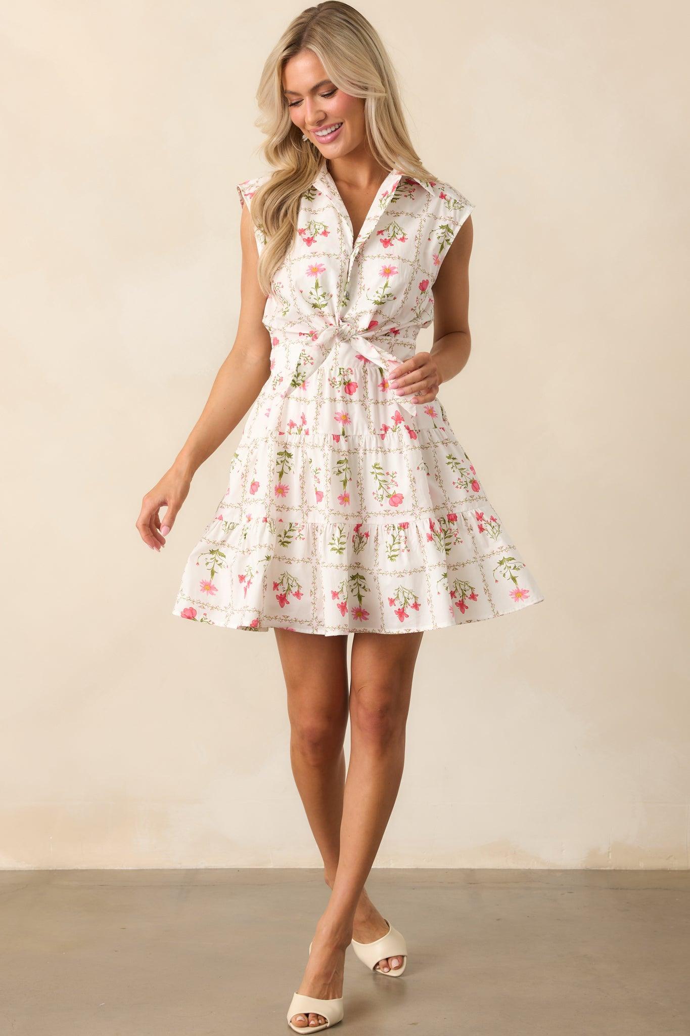 Do What You Love Ivory Floral Cotton Mini Shirt Dress Product Image