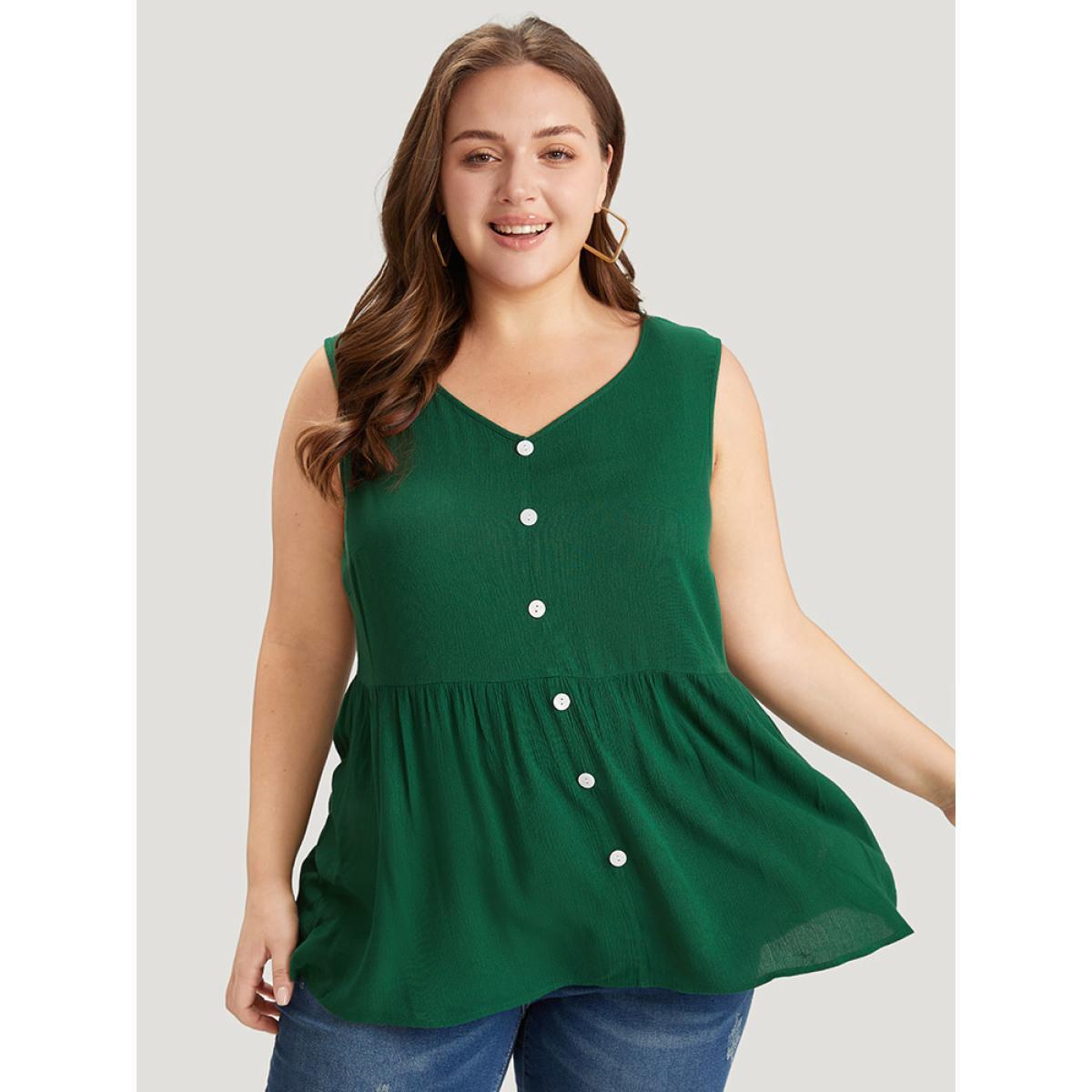 Plus Size Plain Flutter Hem Button Detail Tank Top Women DarkGreen Elegant Button V-neck Dailywear Tank Tops Camis BloomChic 28/5X Product Image