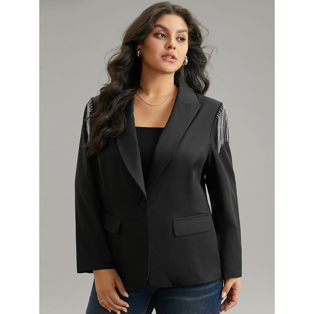 Plus Size Solid Suit Collar Tassel Trim Blazer Black Women Dailywear Plain Tassels Sleeve Long Sleeve Suit Collar 10/M Elegant Blazers BloomChic Product Image