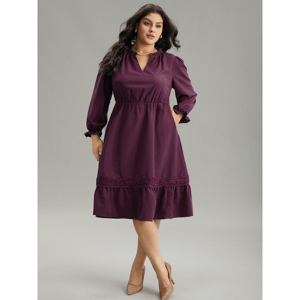 Plus Size Solid Frill Trim Guipure Lace Flutter Sleeve Dress Burgundy Women At the Office Plain Notched collar Long Sleeve Curvy Midi Dress BloomChic 18-20/2X Product Image