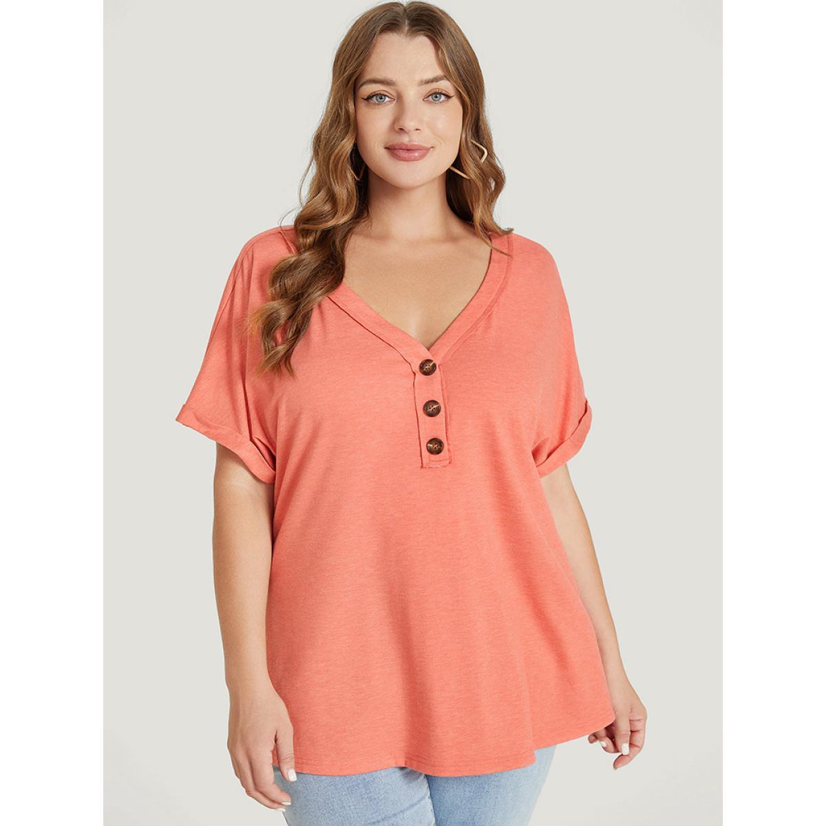 Plus Size Plain Button Detail Roll Dolman Sleeve T-shirt Coral Women Casual Plain V-neck Dailywear T-shirts BloomChic 10/M Product Image