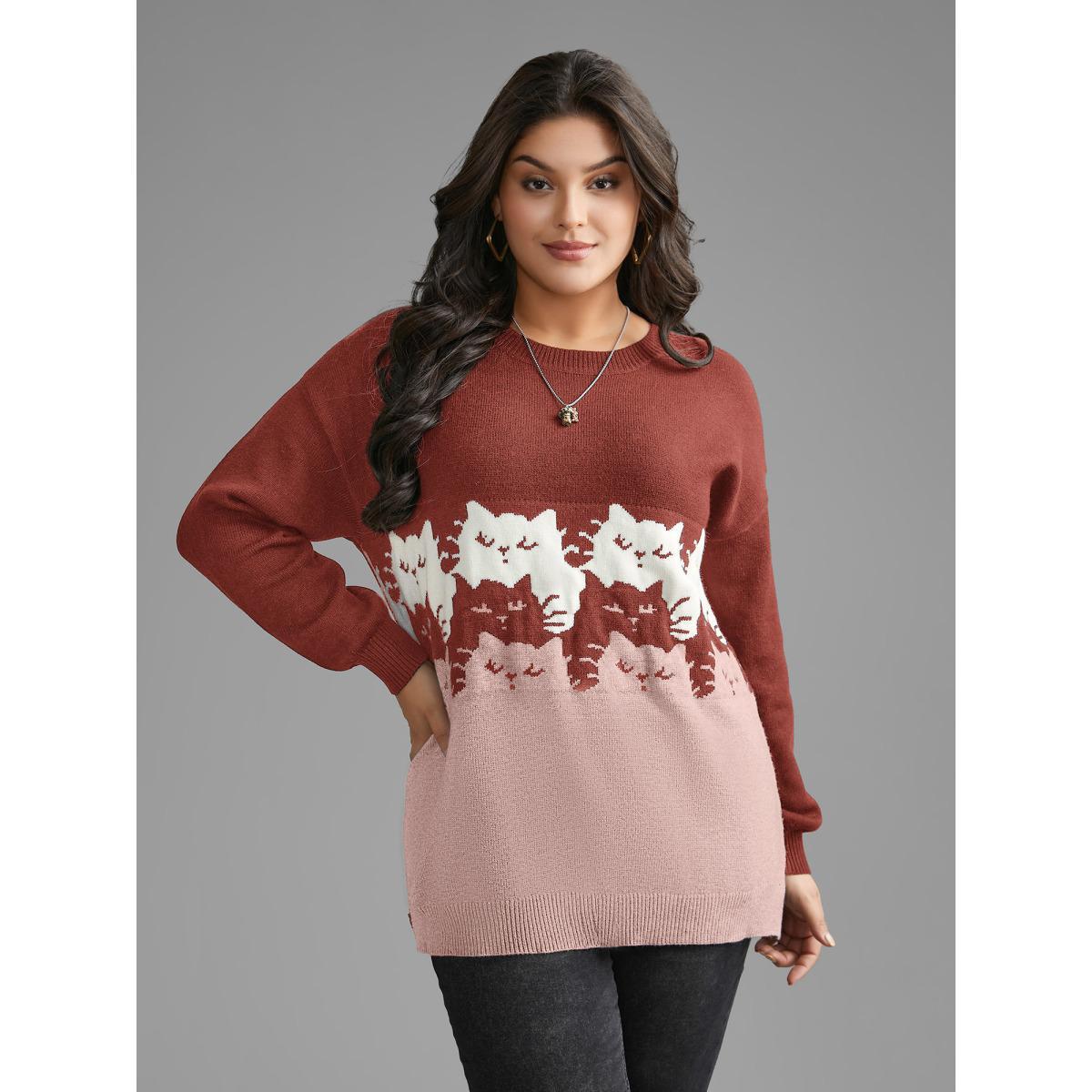 Plus Size Cat Contrast Drop Shoulder Pullover Rust Women Casual Loose Long Sleeve Round Neck Everyday Pullovers BloomChic 18-20/2X Product Image