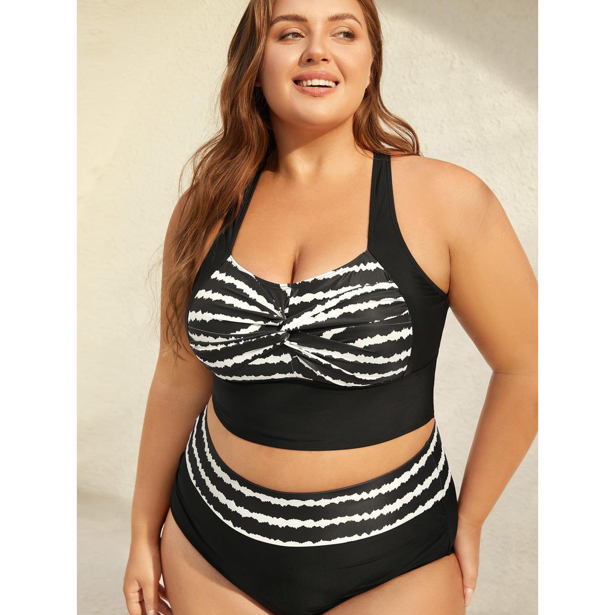 Plus Size Striped Twisted Front Cross-Straps Swim Top Women's Swimwear Black Beach Twist High stretch Skinny Heart neckline Curve Swim Tops BloomChic 18-20/2X Product Image